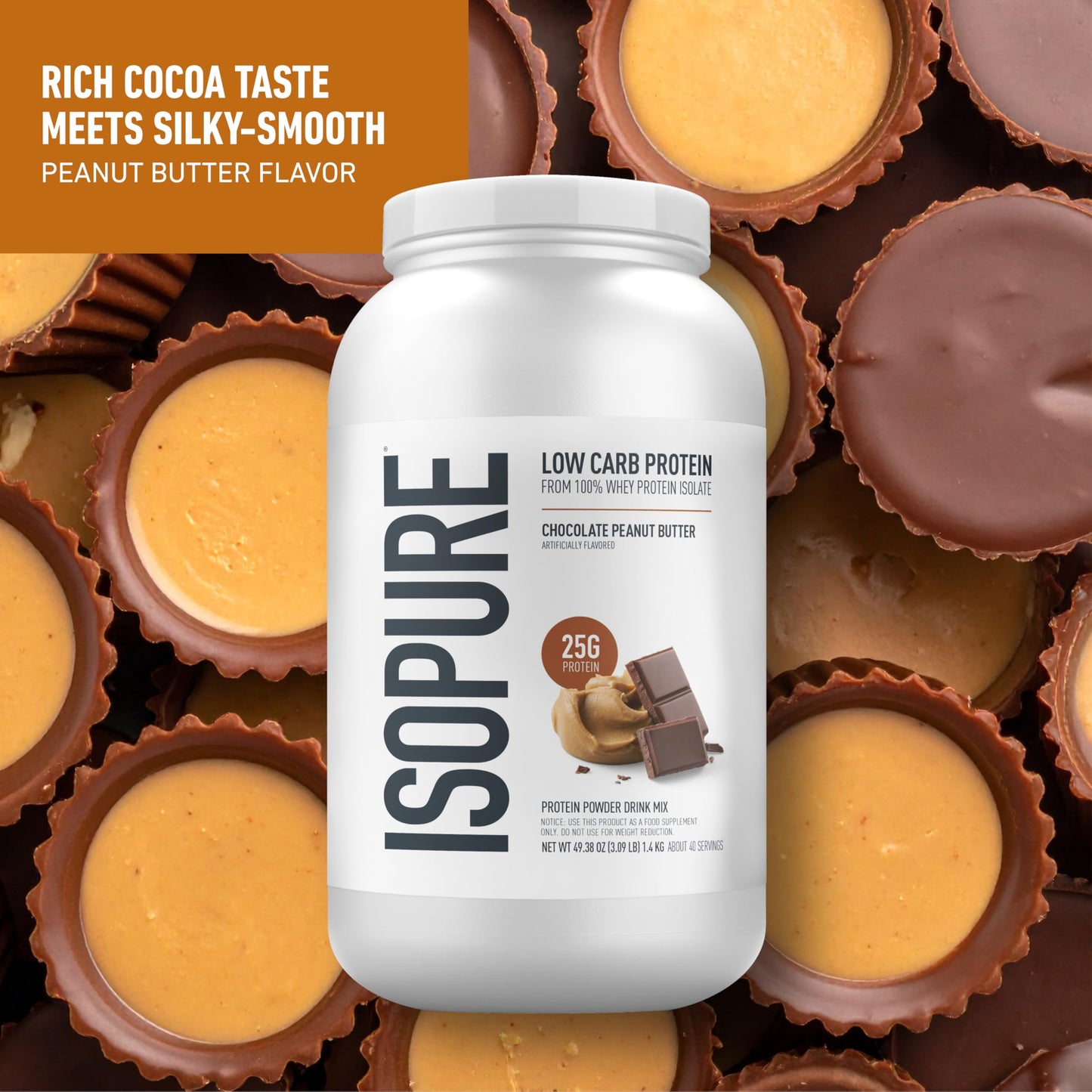 Isopure Low Carb 100% Pure Whey Isolate Protein Powder, Chocolate Peanut Butter, 3 Lbs, 40 Servings