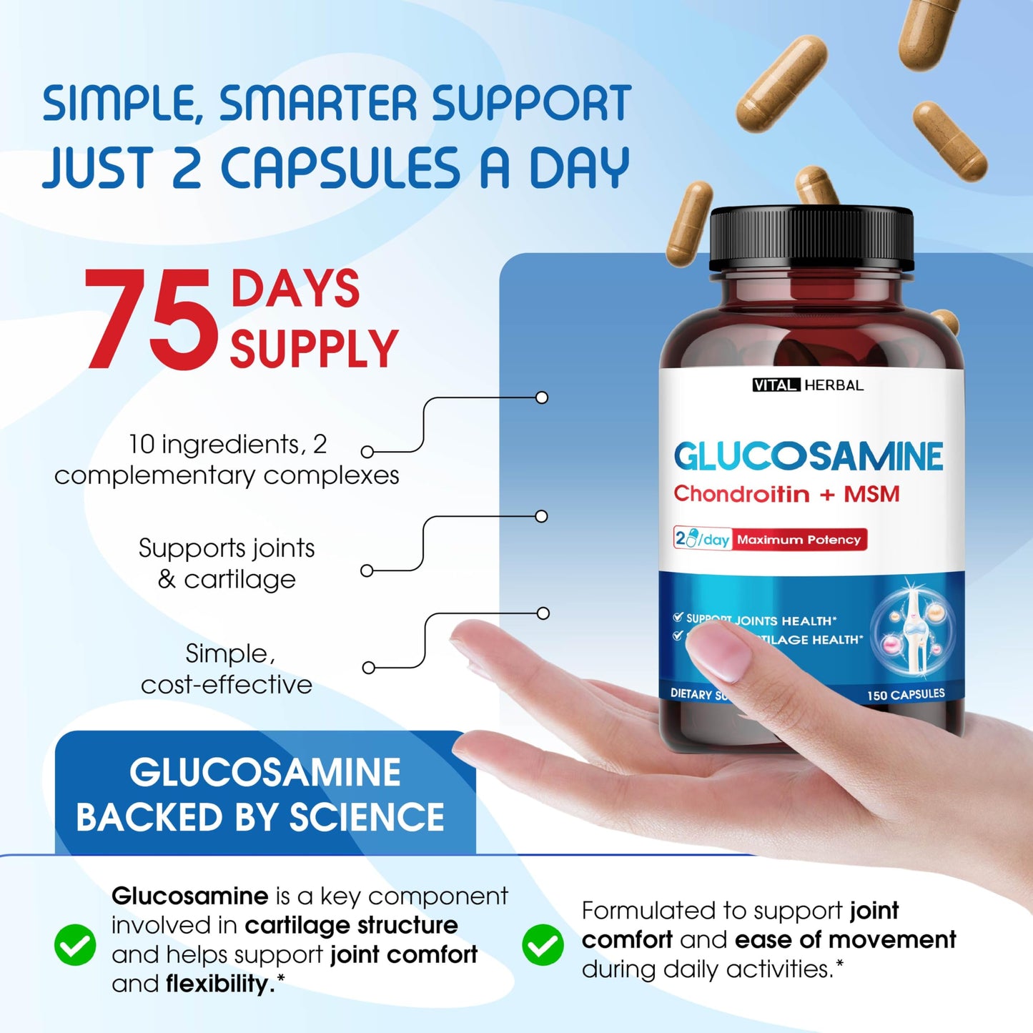 Vital Herbal Liposomal Glucosamine with Chondroitin, MSM - Maximum Potency - Support Joints, Cartilage 150 Capsules