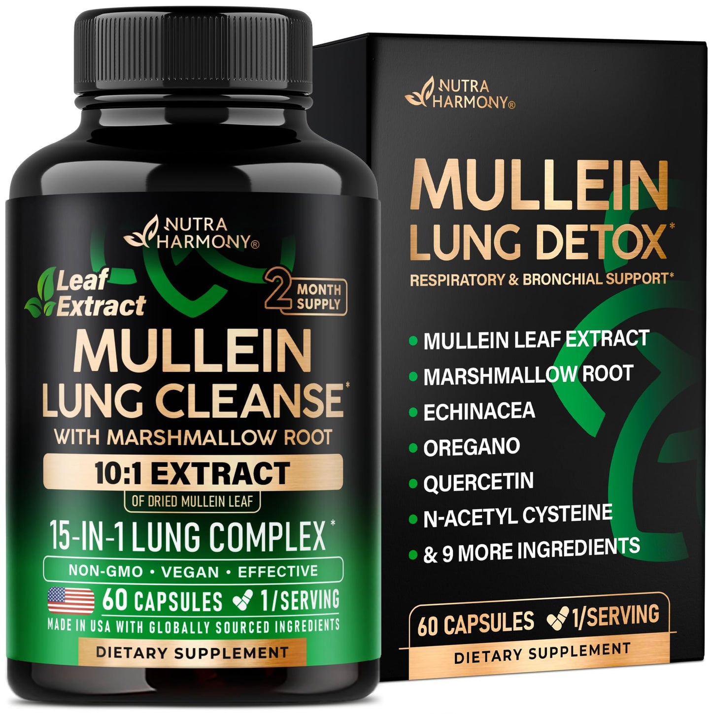 NUTRAHARMONY Mullein Lung Detox - Mullein Leaf 10:1 Extract, Marshmallow Root, Echinacea, Oregano, Quercetin, NAC - 15-in-1 Lung Support & Cleanse for Smokers, 60 Capsules