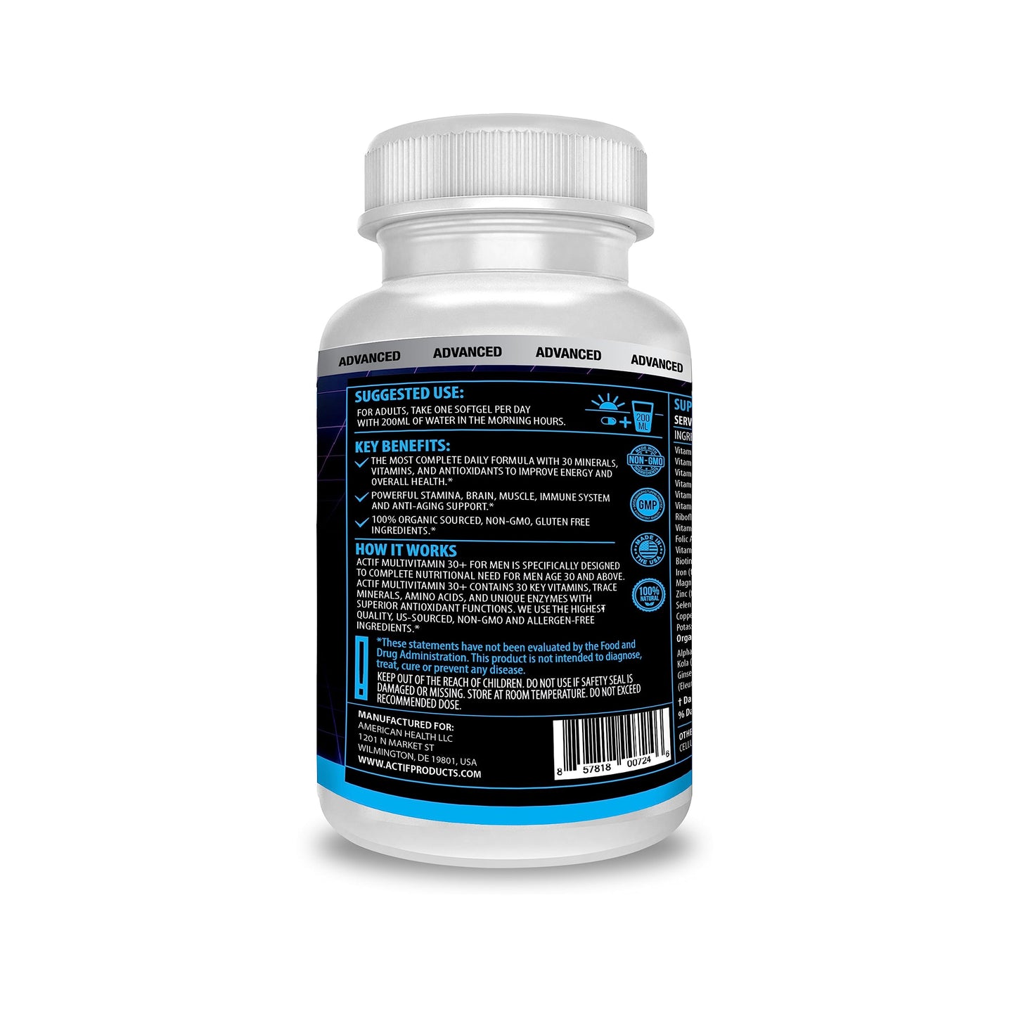 ACTIF Organic Multivitamin for Men Age 30+ with 30 Organic Vitamins and Organic Herbs Softgel, 1 Count
