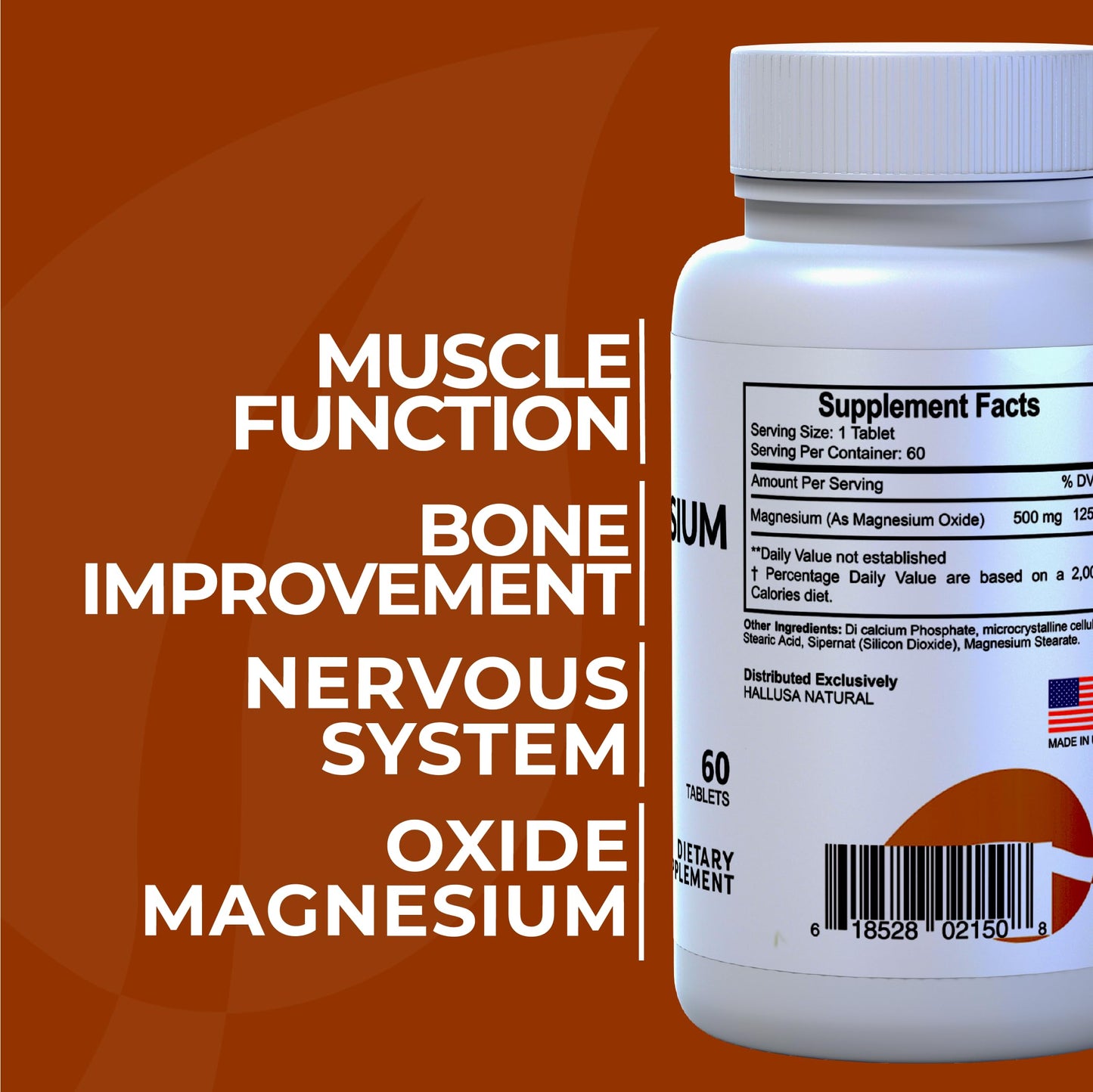 Hallusa Natural Magnesium Oxide 500 mg Tablets, 60 Count