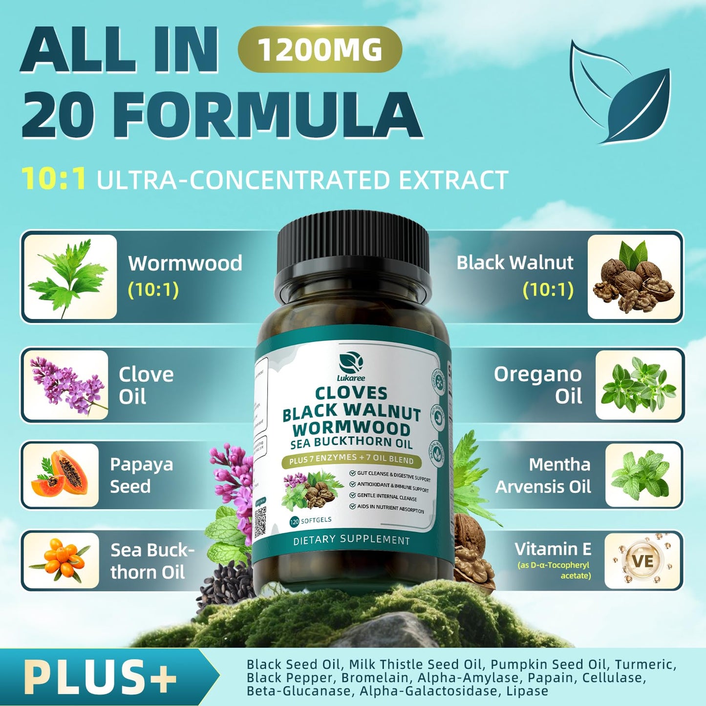 Lukaree Wormwood Black Walnut Clove Cleanse Softgels, 120 Count