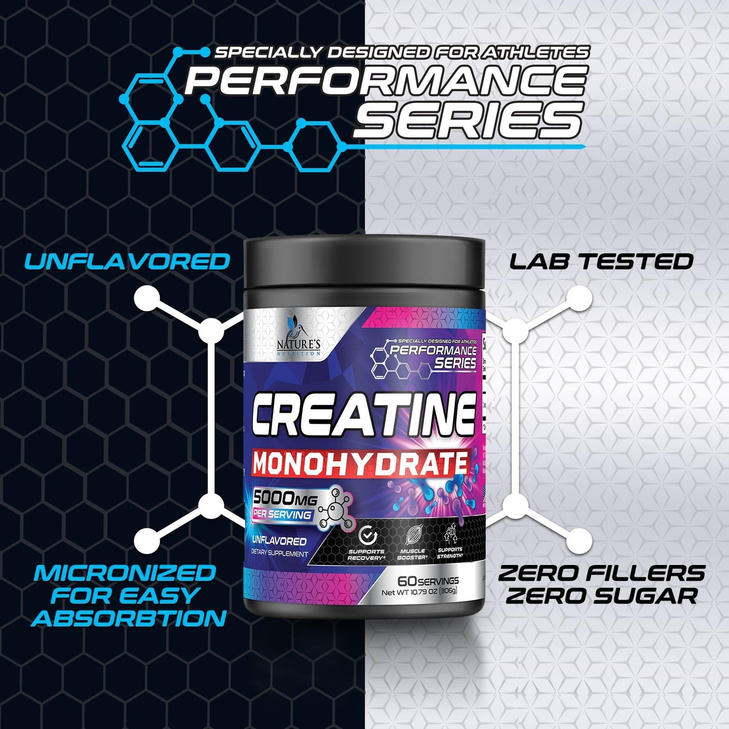 Nature's Nutrition Creatine Monohydrate Micronized 5000mg Per Serving - Performance Powder Creatine Nutritional Supplement - For Muscle Strength & Energy Support, Unflavored Monohydrate Powder - USA Bottled - 60 Servings
