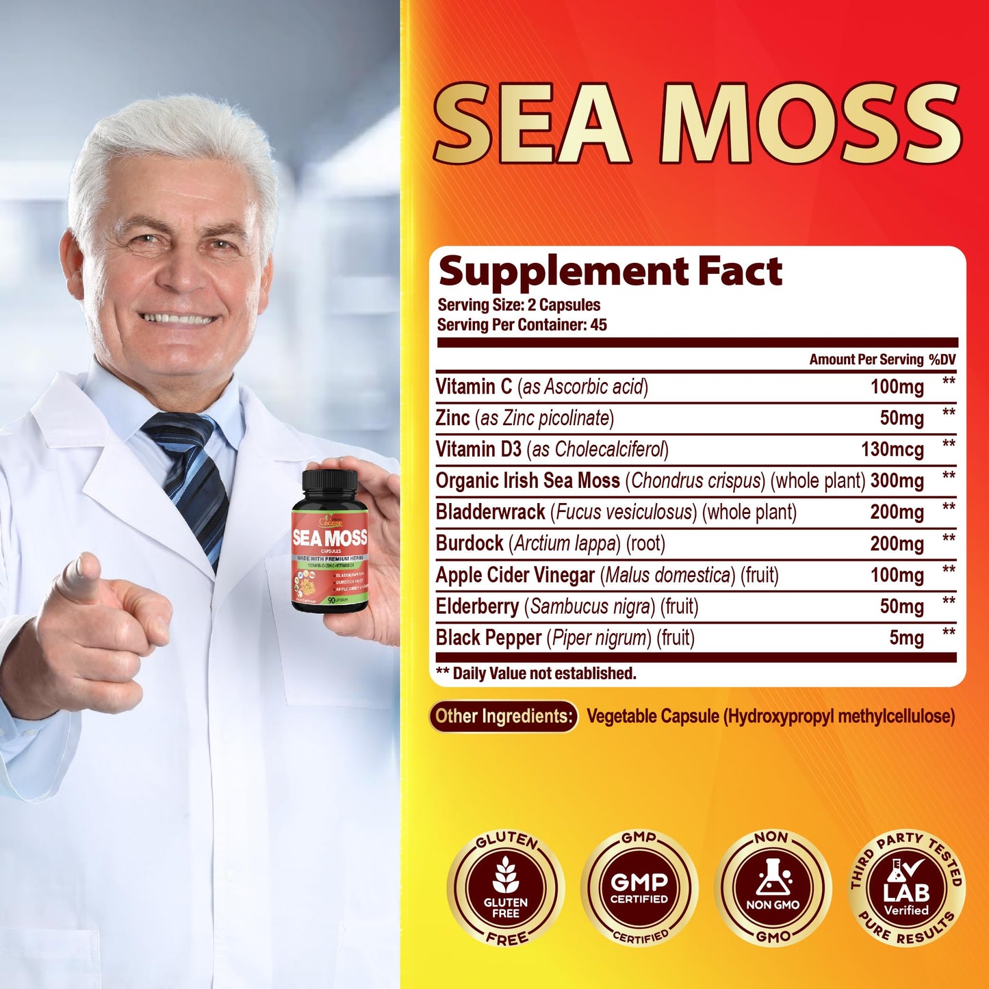 Organic Cadane Irish Sea Moss Extract Capsules 9in1 with VitC, VitD, Bladderwrack, Burdock Root, Elderberry & More – Immune Support & Overall Health, 90 Capsules