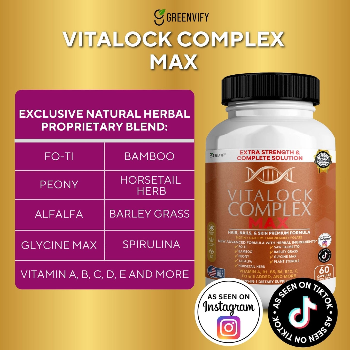 GREENVIFY Vitalock Complex MAX Hair, Nails & Skin Formula, Biotin, Folate, Vitamins A B C D E Capsules 60