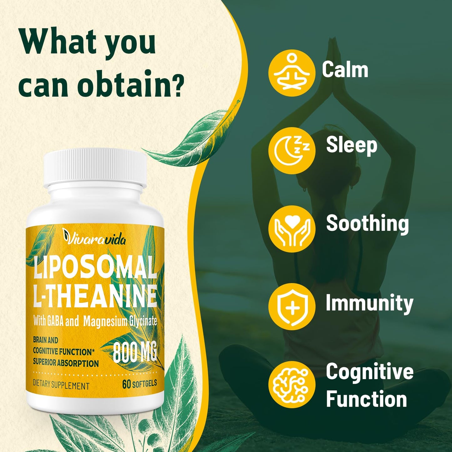 Vivaravida L-Theanine 800mg Supplement with GABA and Magnesium Glycinate Softgels 120 Count