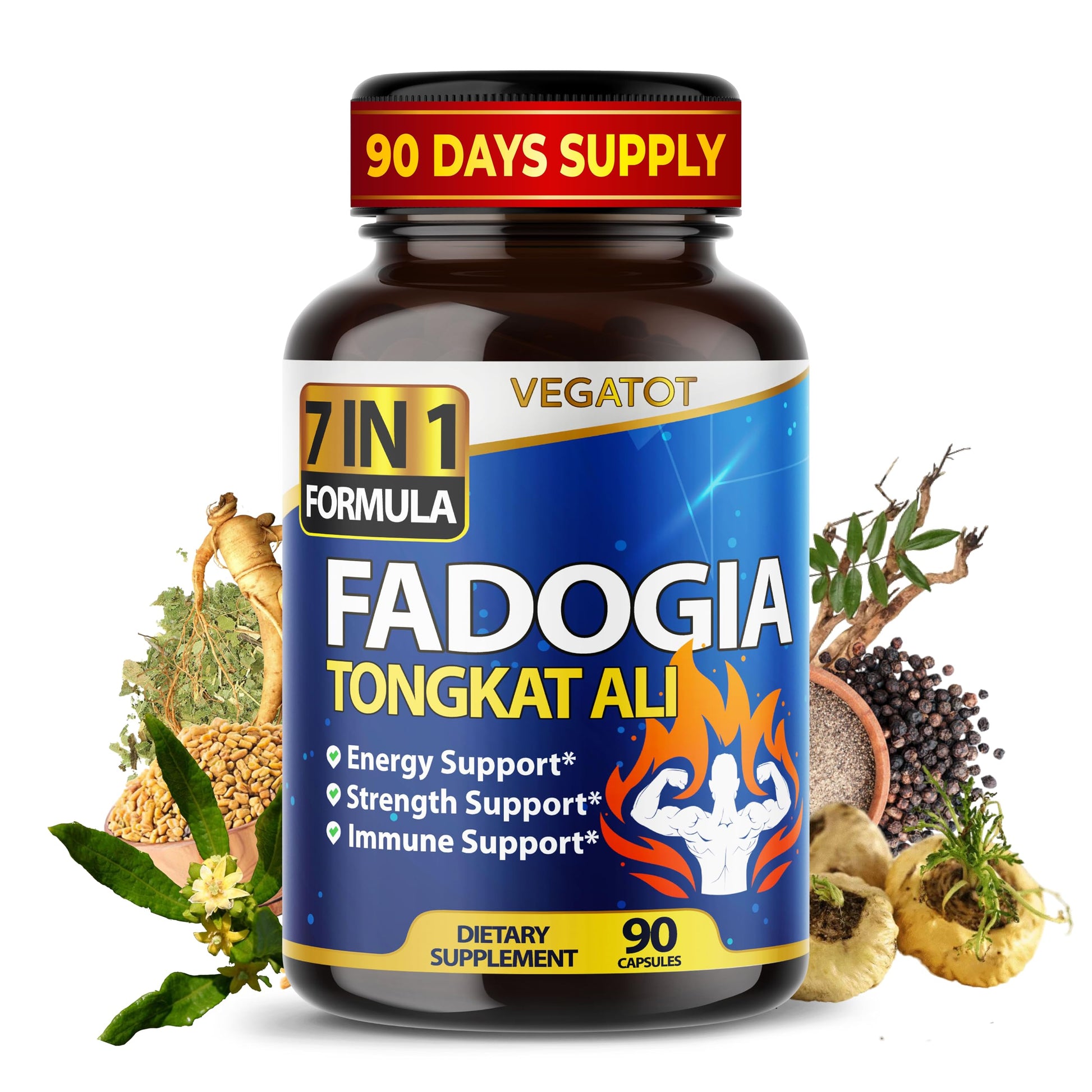 VEGATOT 7 in 1 High Strength Fadogia Concentrated with Tongkat Ali Maca Root Fenugreek Ginseng Capsule 90 Count