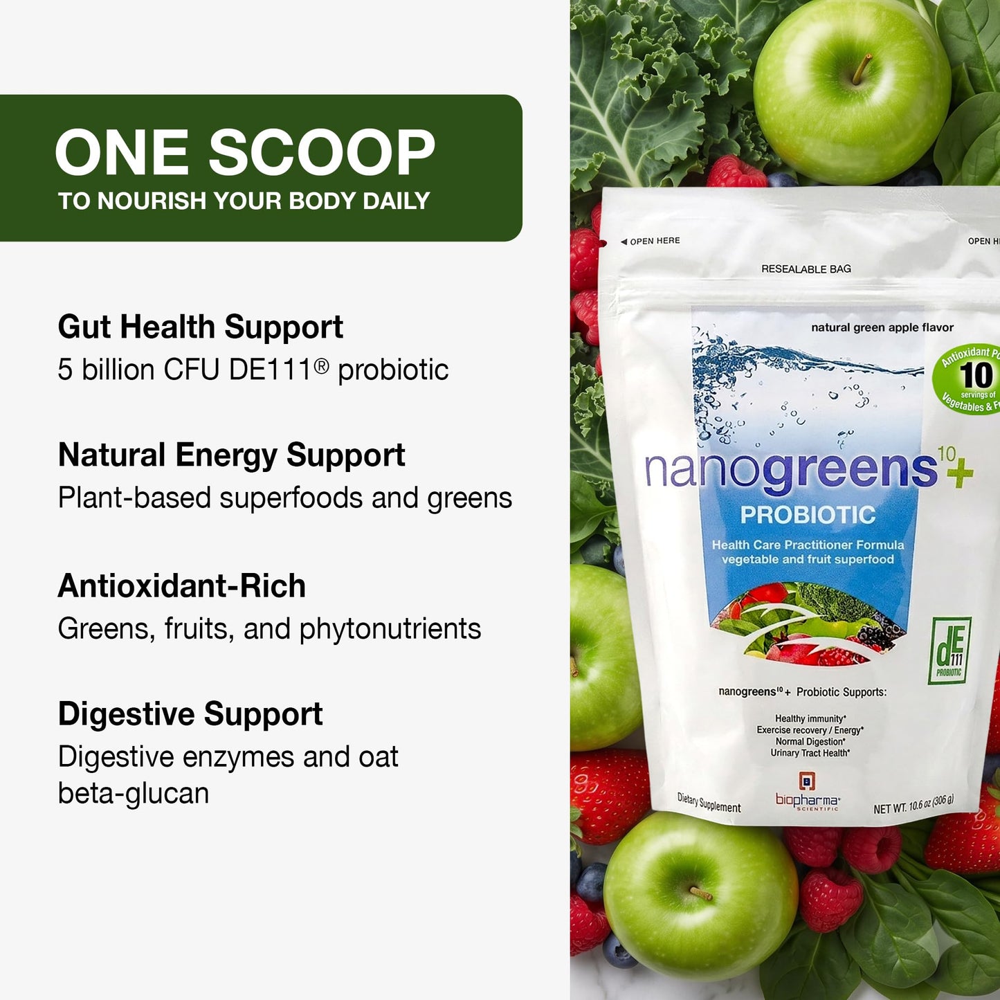 Biopharma Scientific NanoGreens + Probiotic Greens Powder 10.6 Ounce