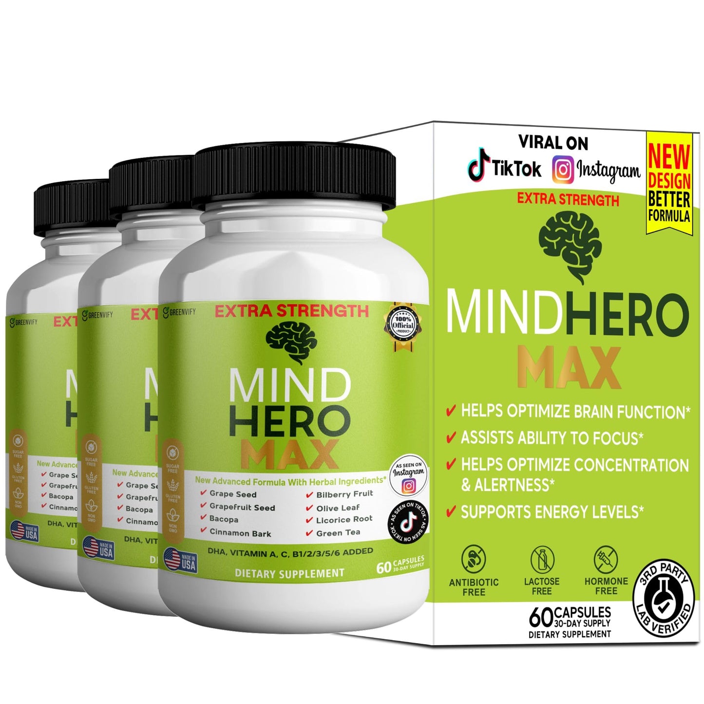 GREENVIFY Mind Hero Max Extra Strength Nootropic Supplement with Herbal Ingredients Capsules, 60 Count