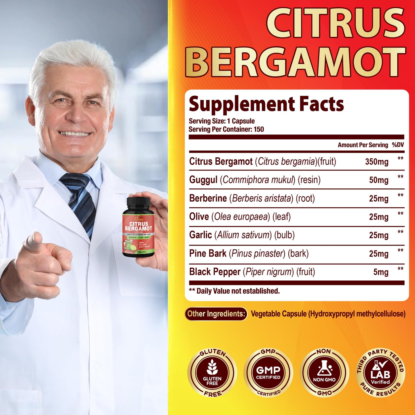 Organic Cadane Citrus Bergamot Supplement Capsules 150 Count