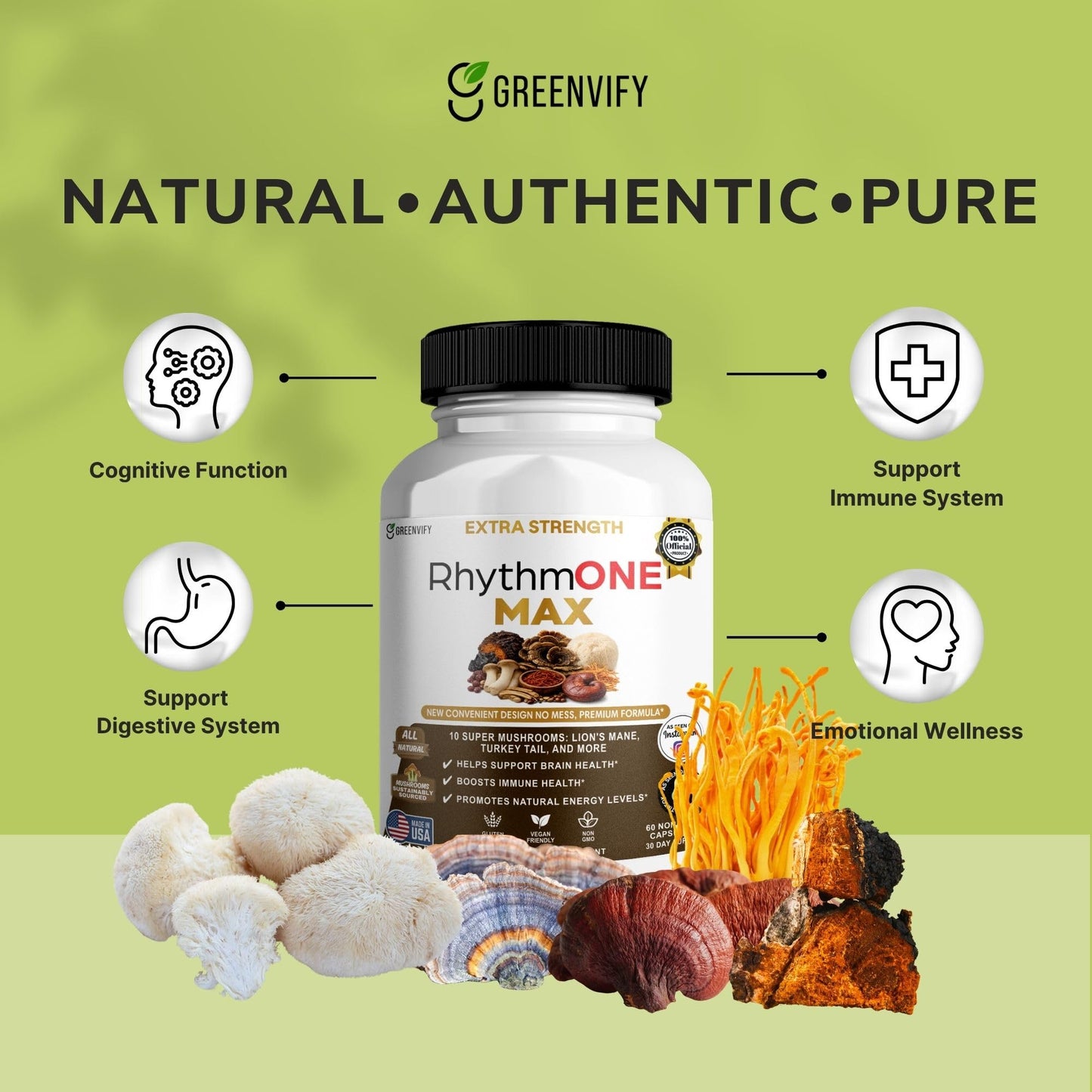 GREENVIFY RhythmONE MAX Mushroom Powder Blend 60 Capsules
