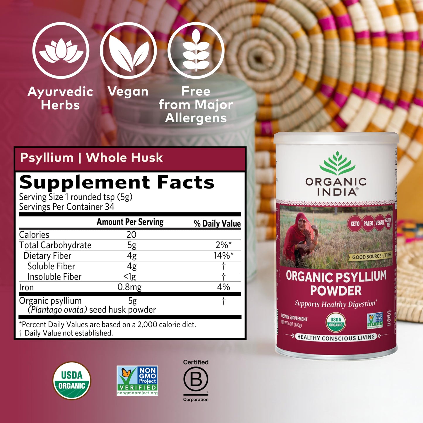 ORGANIC INDIA Psyllium Powder Organic - Fine Grain Psyllium Supplement, Digestion Support, 12 oz Total