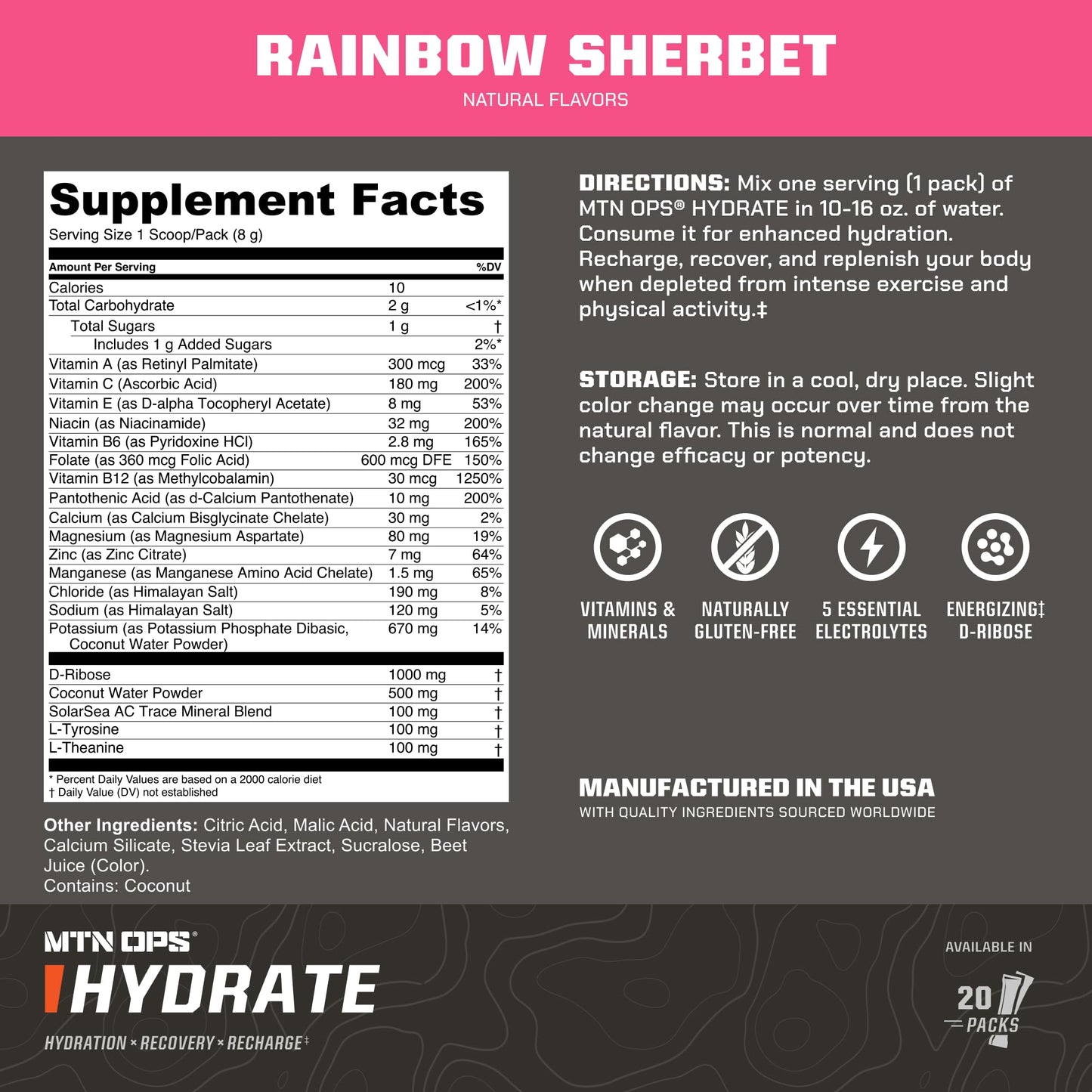 MTN OPS Hydrate Sugar Free Electrolyte Packets Powder 5.6 Ounce