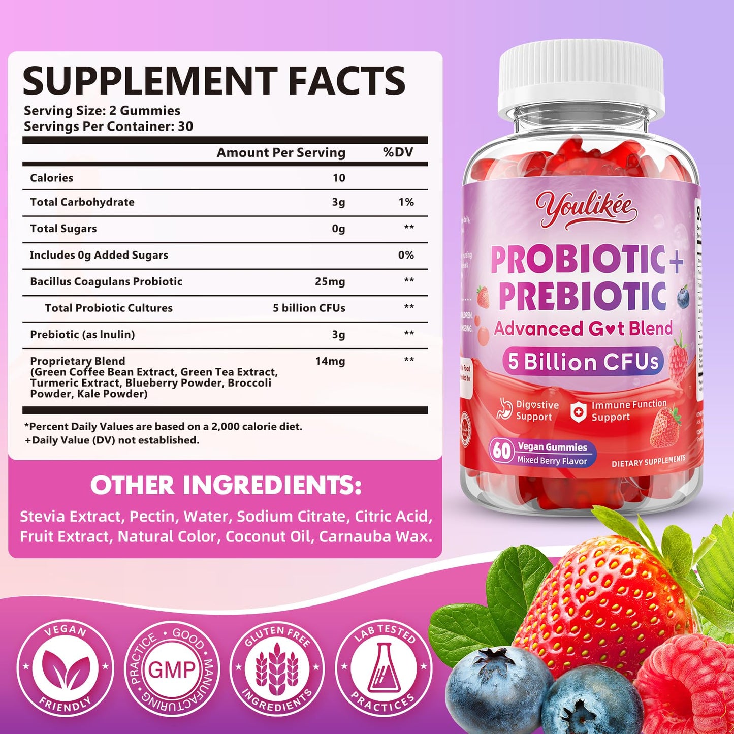Youlikee Prebiotic + Probiotic Gummies for Women and Men Gummy 120 Count
