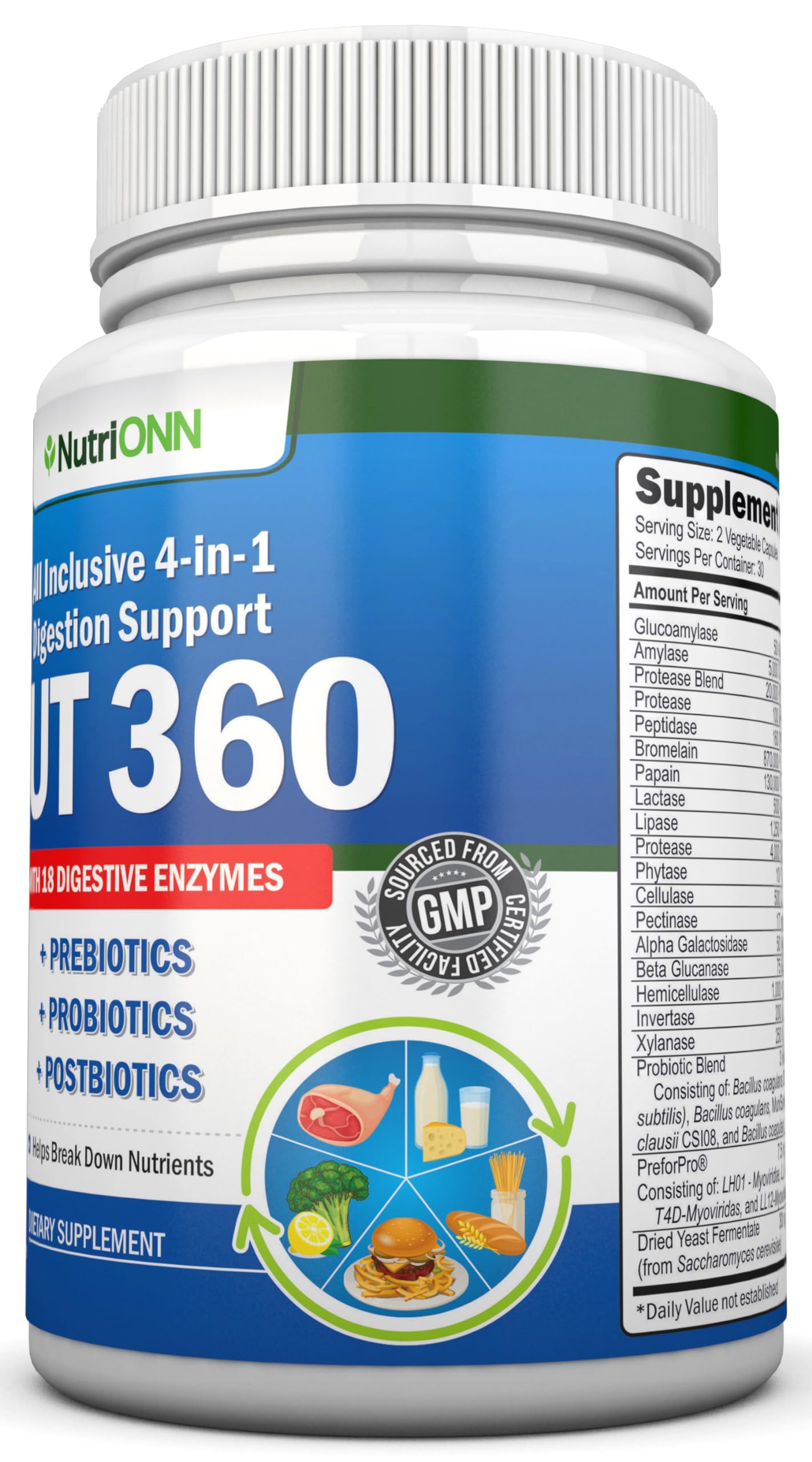 NutriONN 4-in-1 Probiotics, Prebiotics & Postbiotics with 18 Digestive Enzymes for Women & Men Capsules, 60 Count