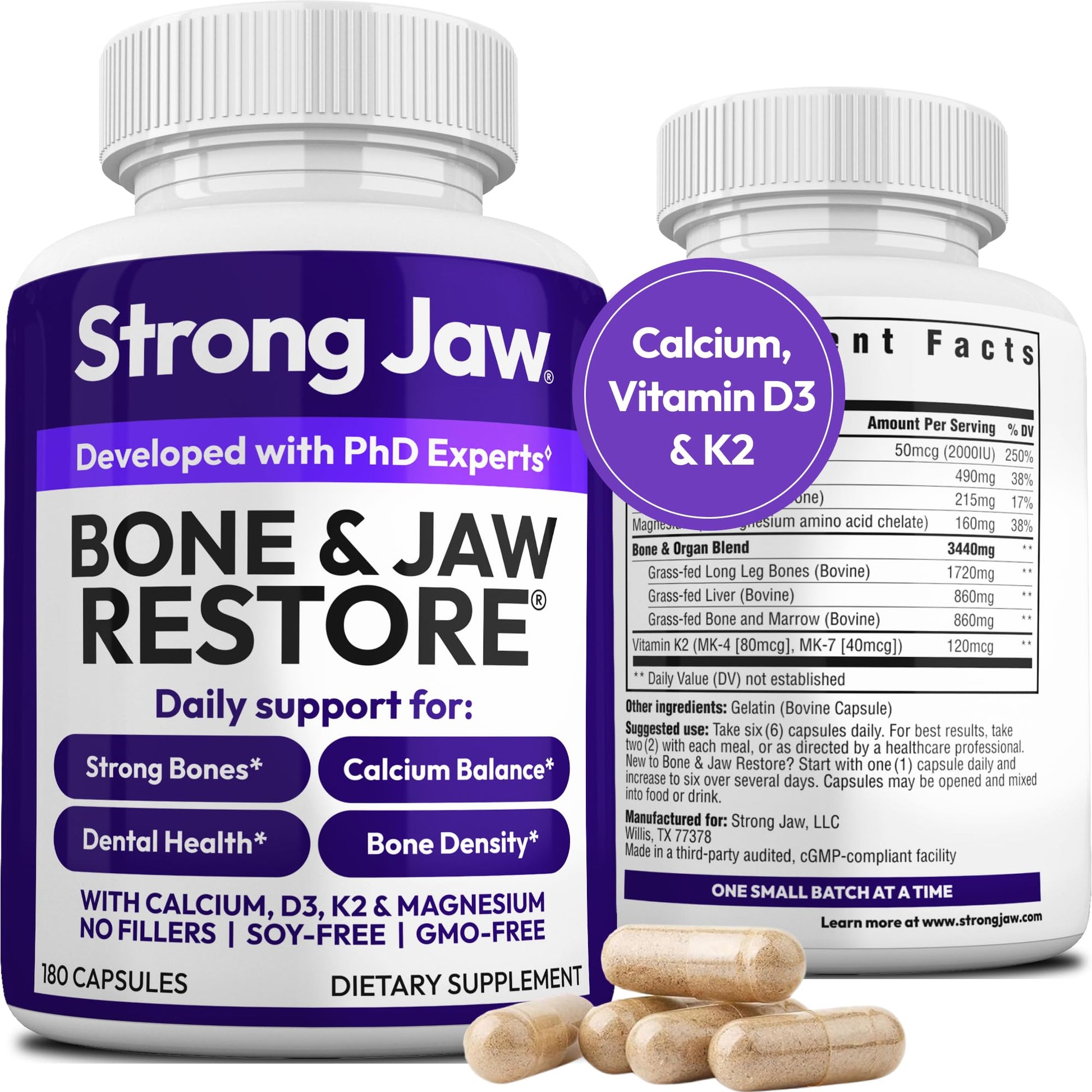 Strong Jaw Bone & Jaw Restore Calcium Supplements with Vitamin D3, K2 & Magnesium Capsules, 180