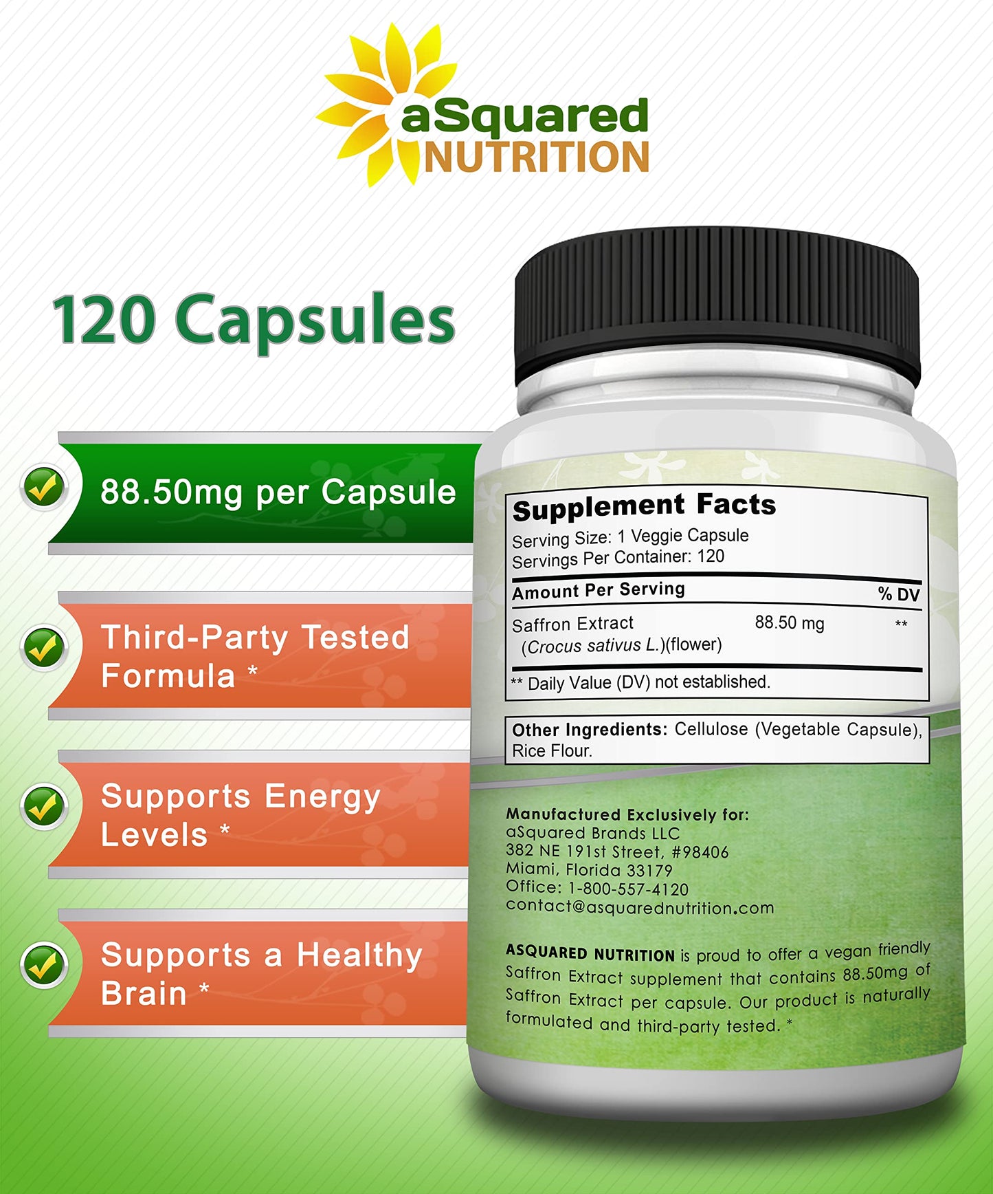 aSquared Nutrition Saffron Extract Supplement Capsules 120 Count