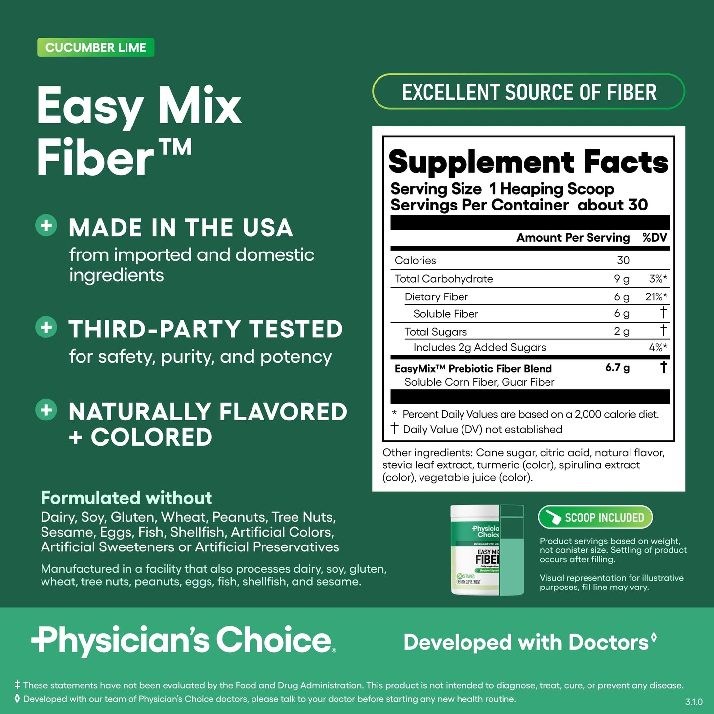 Physician's CHOICE Easy Mix Fiber for GLP-1 Support Powder, 9.9 oz, Cucumber Lime