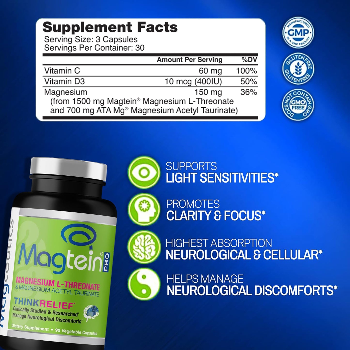 Magceutics MagteinPRO Magnesium L-Threonate & Mag Acetyl Taurinate Supplement Capsules 90 Count