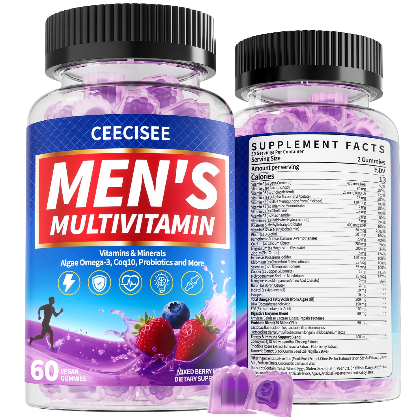 Ceecisee Men’s Methylated Multivitamin Gummies, Chewable Multivitamins for Men with Omega Probiotic, Magnesium, Zinc, B12 & D3 - No Iron Daily Immune & Energy Support, 120 Gummies