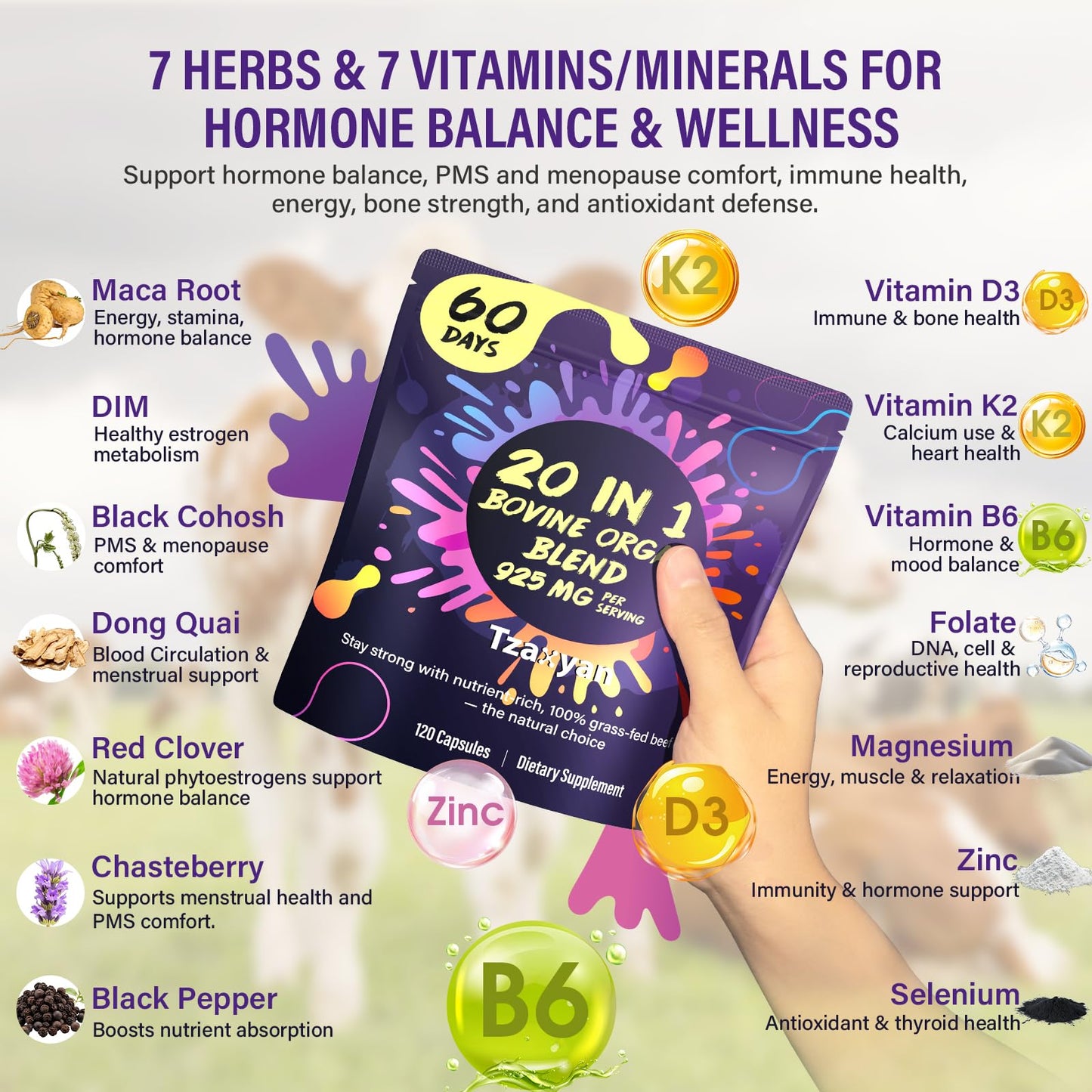 tzaxyan 20-In-1 Beef Organ Supplement for Women Capsules 120 Count