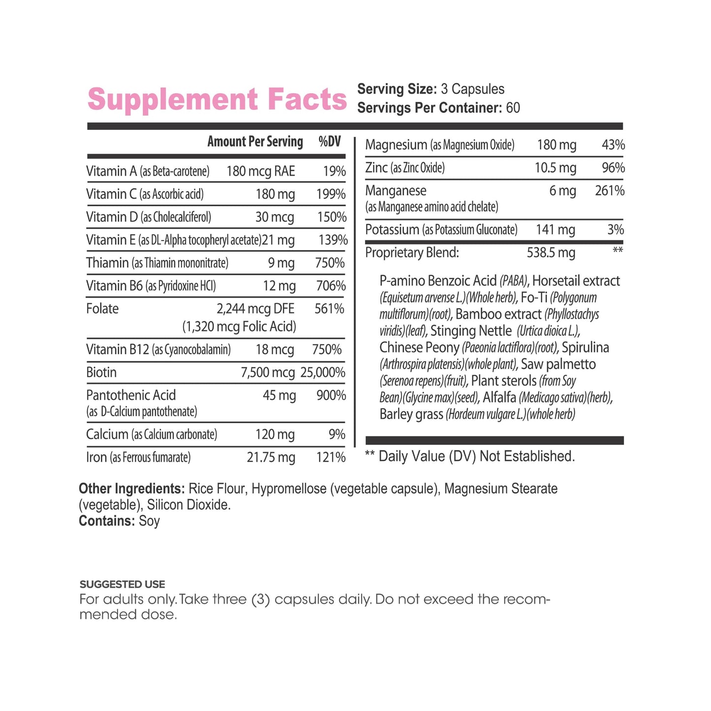 Lumen Naturals Hair, Skin & Nails for Women with Biotin, Folate, Vitamins B6, B12, A, C, D & E 180 Capsules