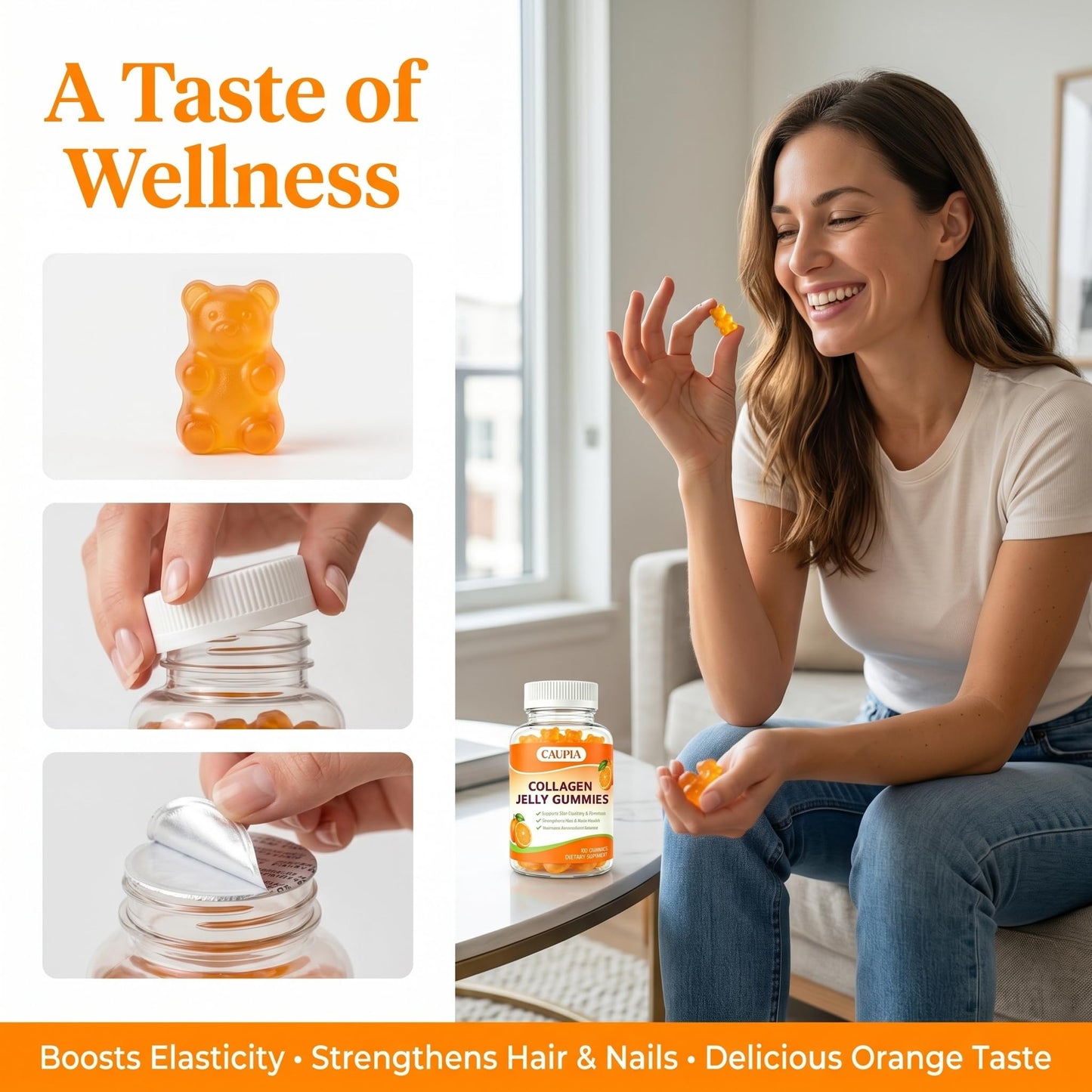 CAUPIA Collagen Jelly Gummies - Hair & Nails with Collagen Peptides, Orange Flavor, 60 Gummies