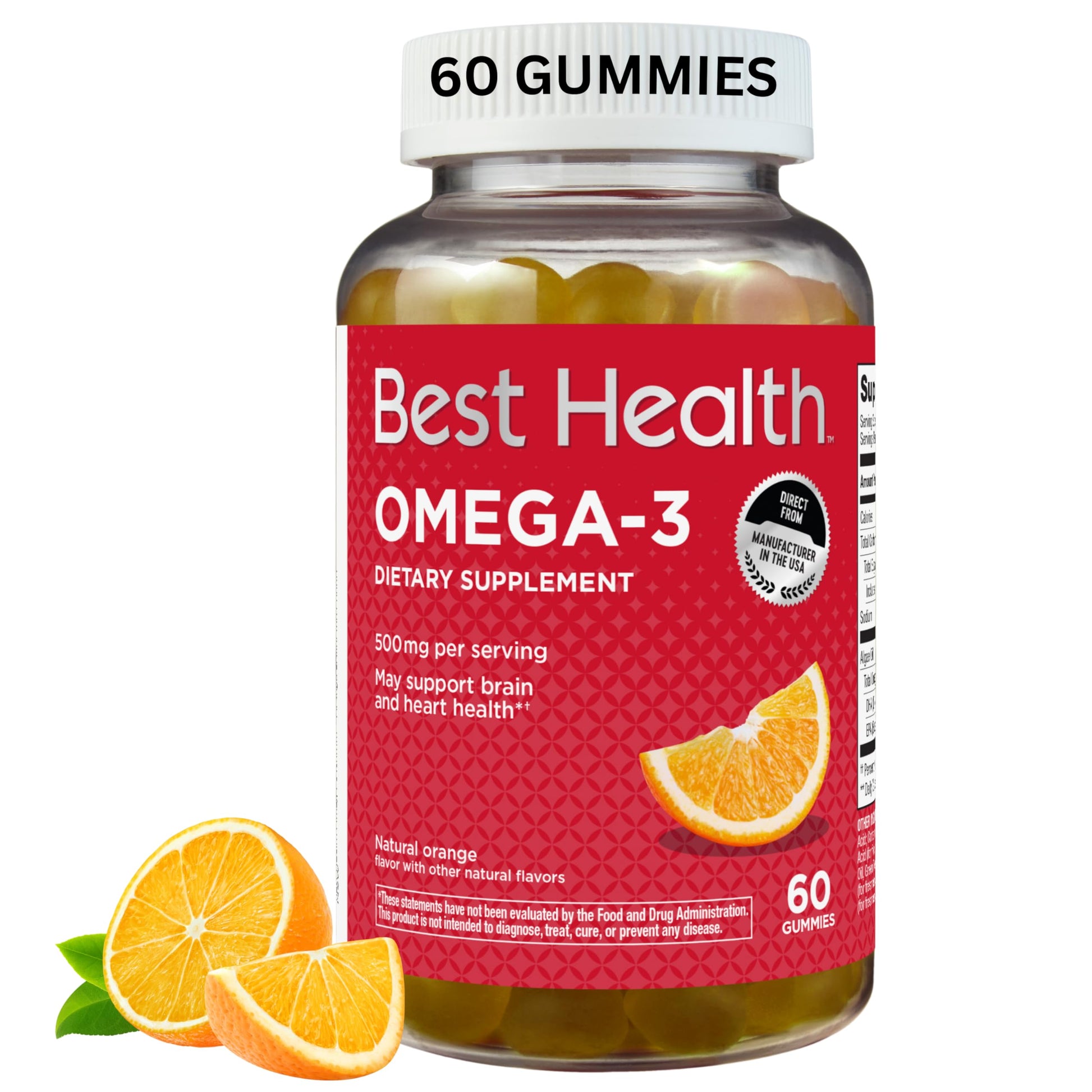 Best Health Omega-3 Gummies Made from Algae, 500mg per Serving, Natural Orange Flavor, 60 Count