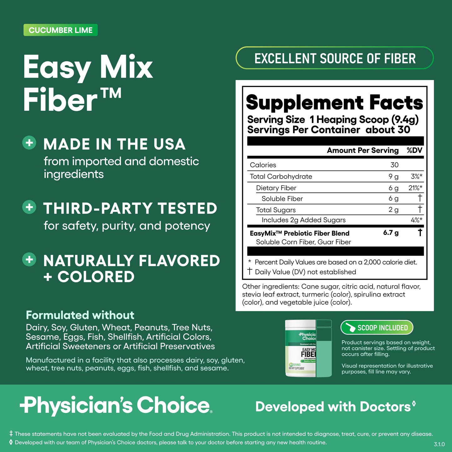 Physician's CHOICE Easy Mix Fiber Powder for GLP-1 Support, 30 Servings