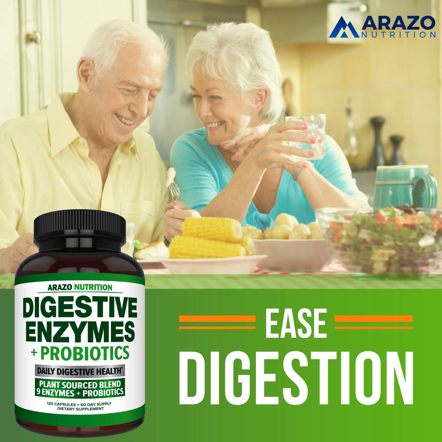 Arazo Nutrition Digestive Enzymes with Probiotics - Multi Enzyme Nutritional Supplement - Acidophilus Bromelain Papaya Papain Lipase & Lactase - Improve Digestion 120 Capsules