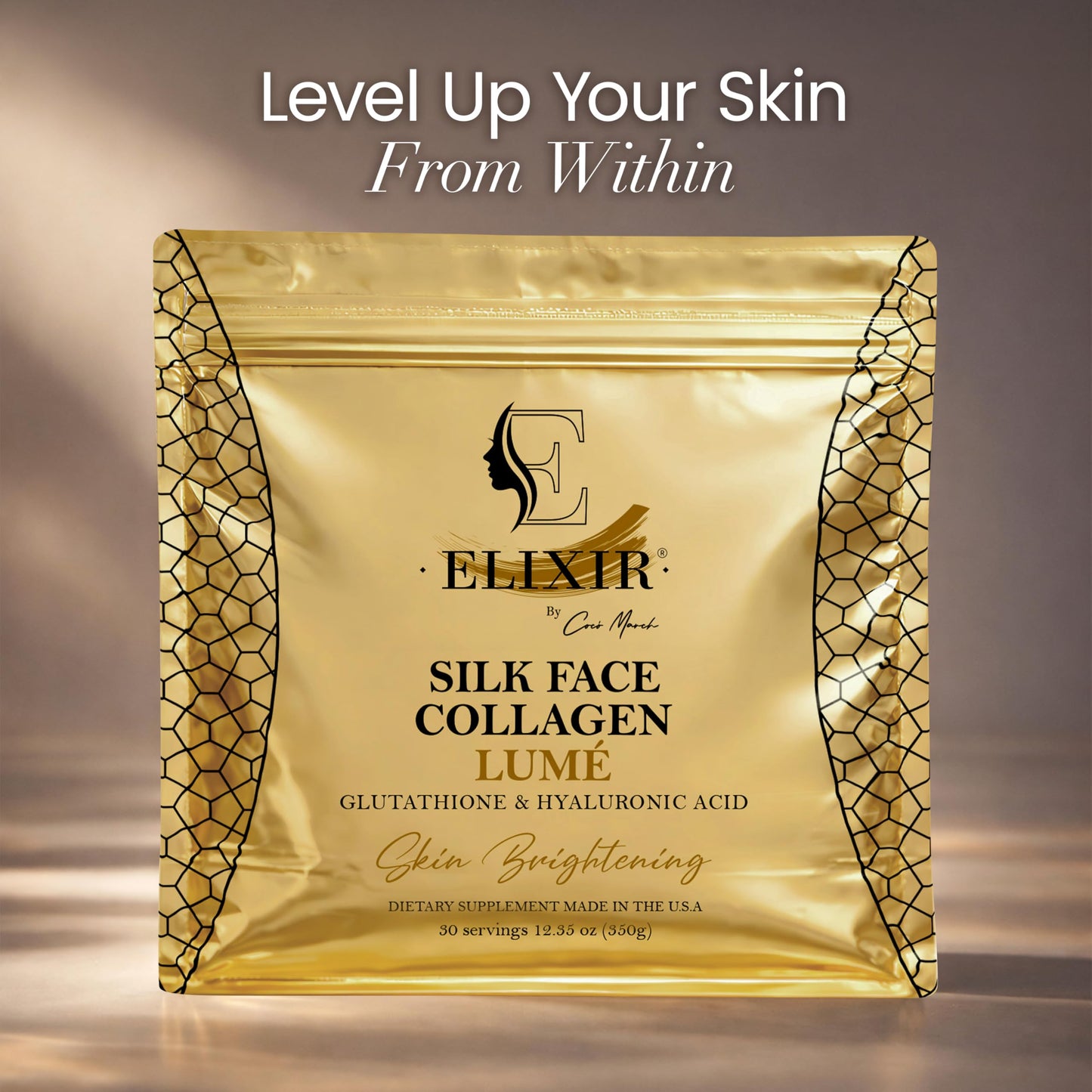 Elixir by Cocó March Silk Face Collagen Lumé Powder with Hyaluronic Acid & Glutathione – Collagen Peptides 20g Protein Powder for Women – Supports Skin Care, Hydration, Elasticity & Radiance - 12.35 Ounce