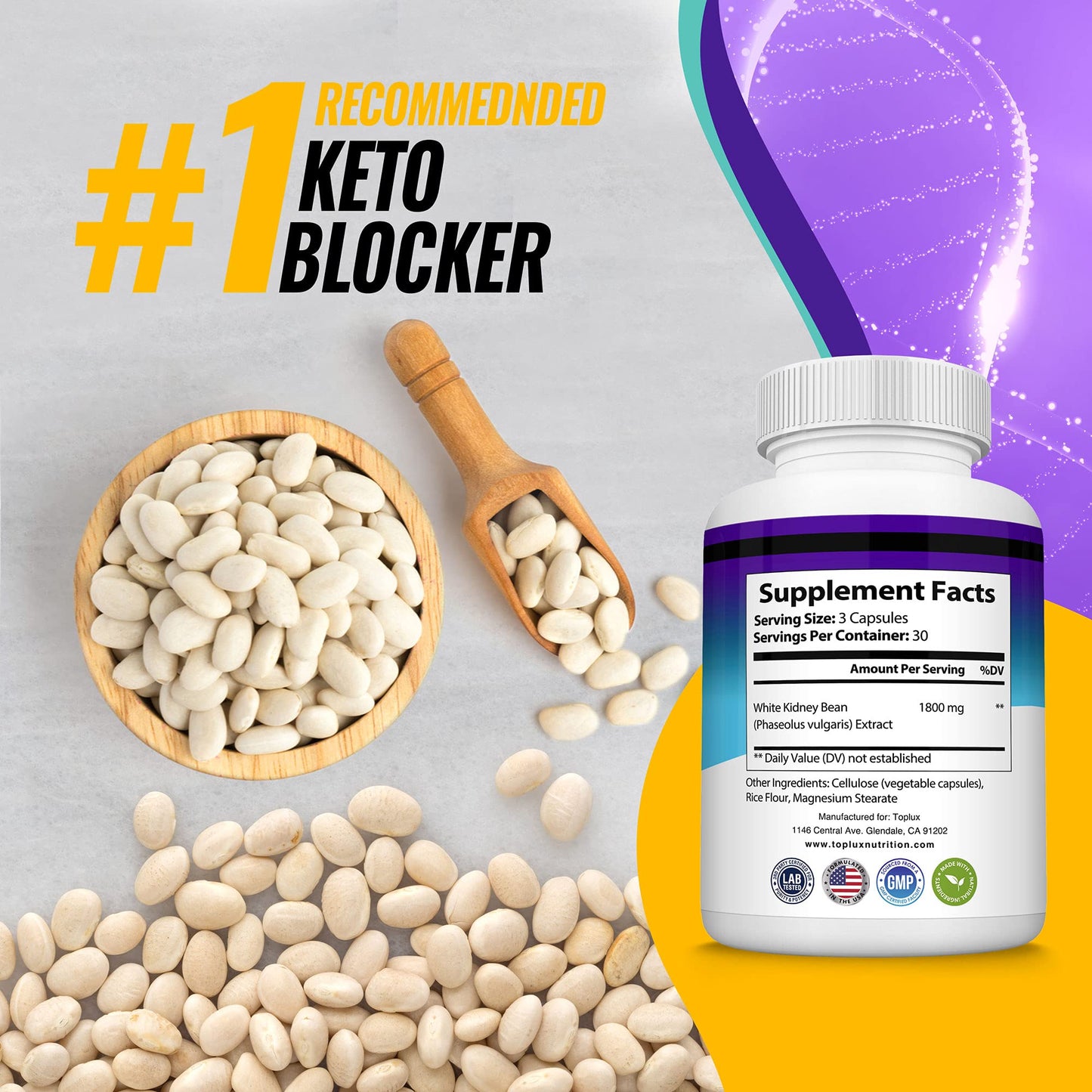 Toplux Keto Blocker Pills White Kidney Bean Extract 1800 mg Natural Ketosis, Support Keto Diet, for Men Women, 90 Capsules