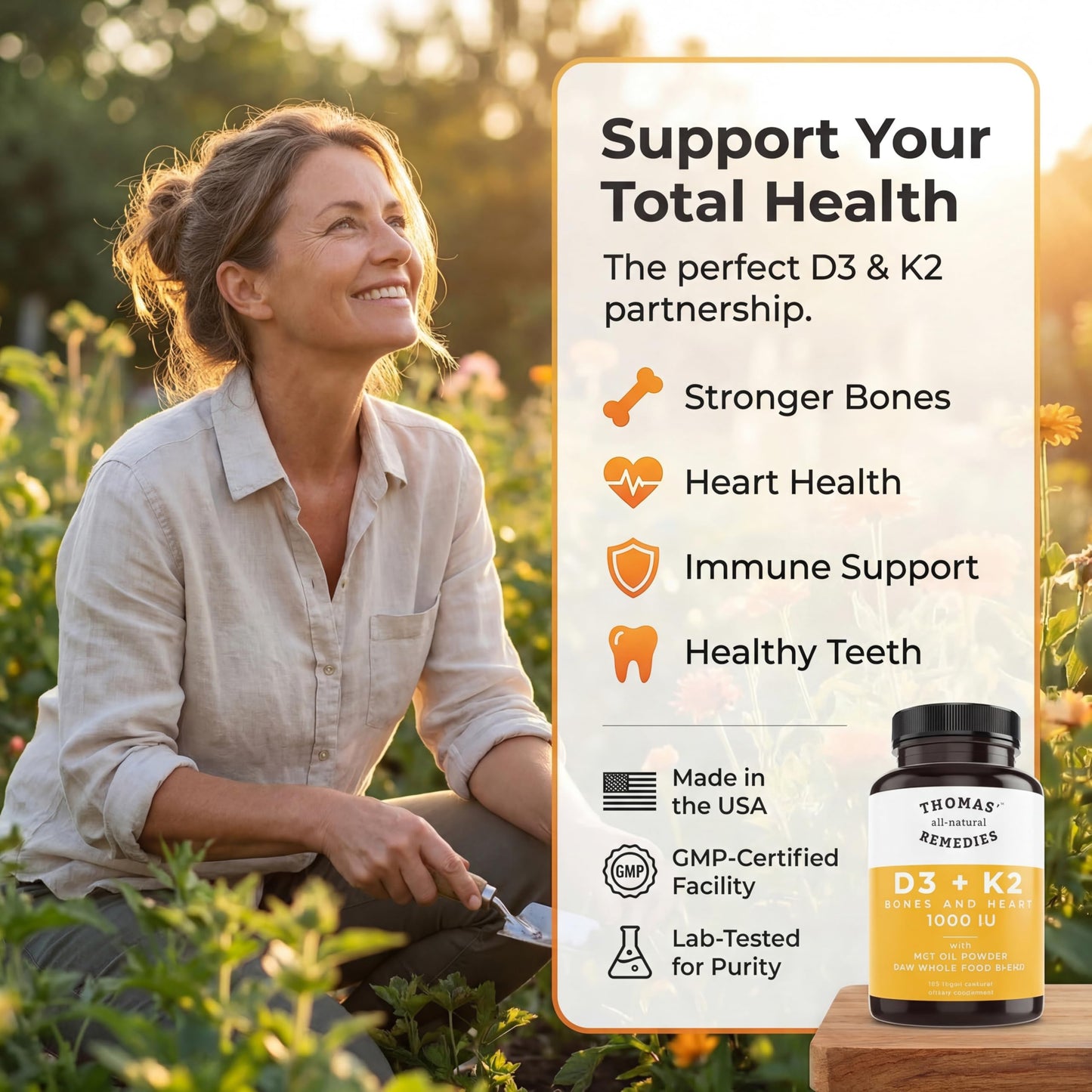 Thomas' all-natural Remedies D3 + K2 1000 IU with MCT Oil for Max Absorption & Bone Health Capsules 120 Count
