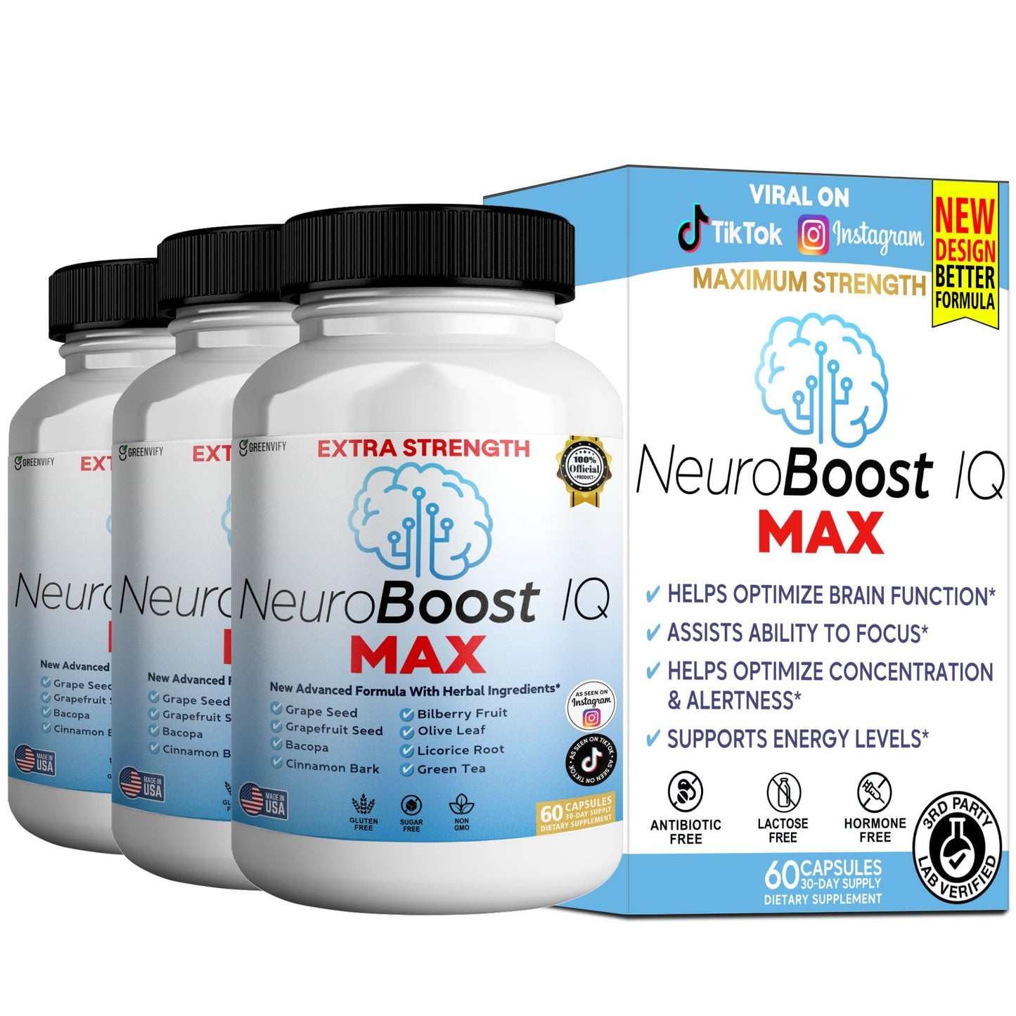 GREENVIFY NeuroBoost IQ MAX Extra Strength Brain Support Supplement Capsules, 60 Count