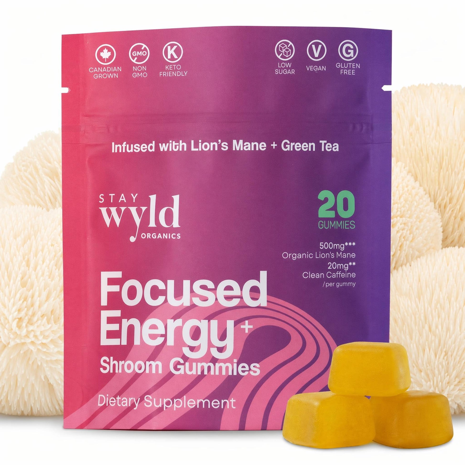 Stay Wyld Organics Focused Energy+ Mushroom Gummies with Lion's Mane & Green Tea, 20 Gummies
