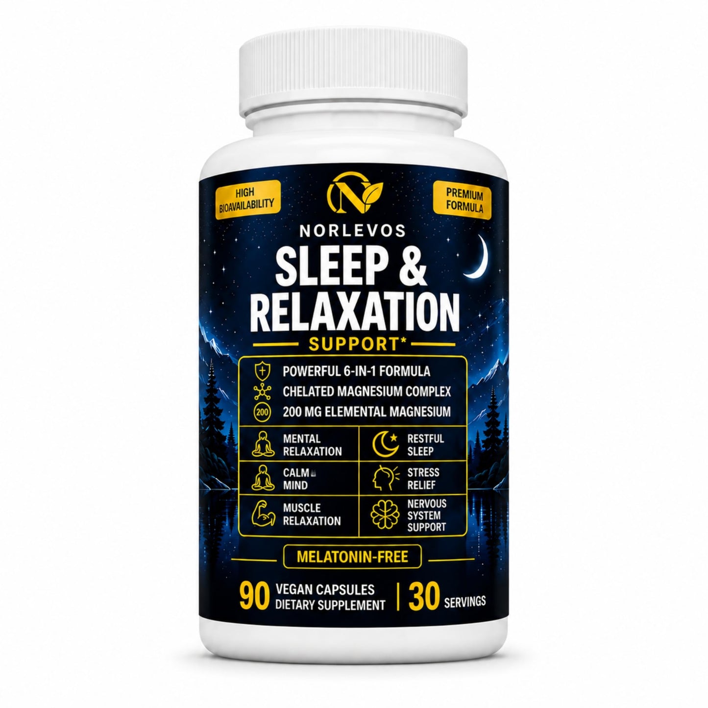 Norlevos Magnesium Sleep Aid Supplement Chelated 200 mg Elemental Magnesium Glycinate Complex with L-Theanine Calm & Relaxation Support Capsules, 90 Count