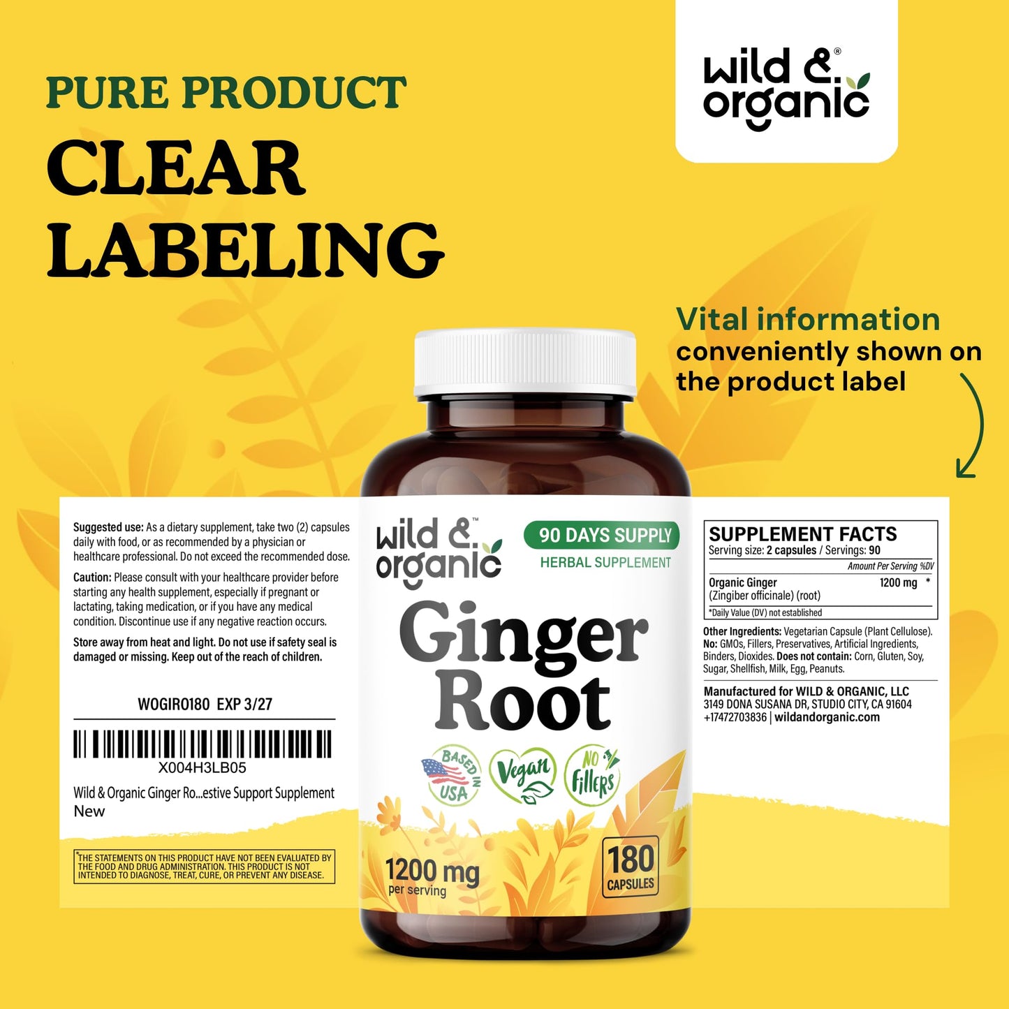 Wild & Organic Ginger Root Capsules 180 Count