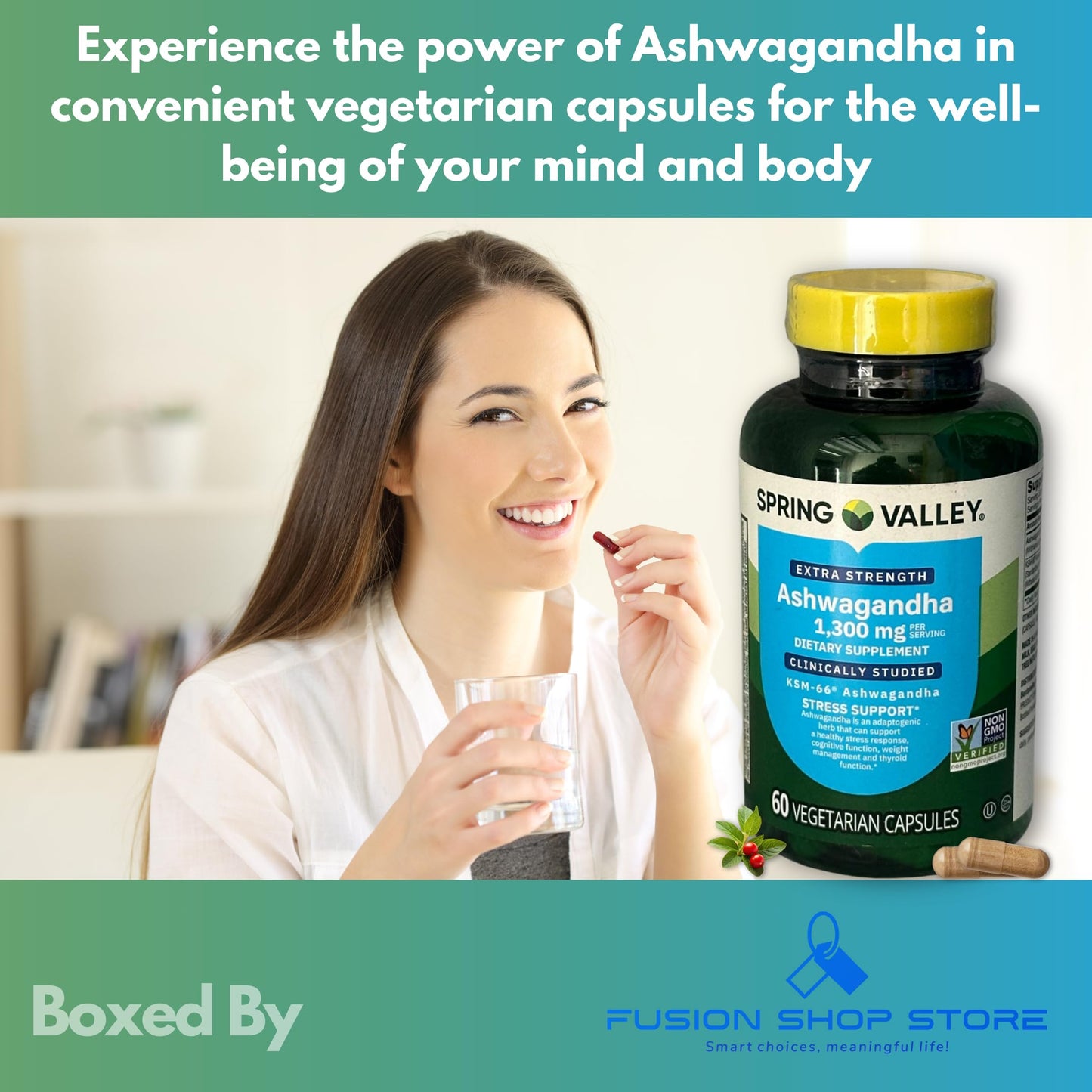 Fusion Shop Store Ashwagandha KSM-66 1300mg Capsules, 60 Capsules