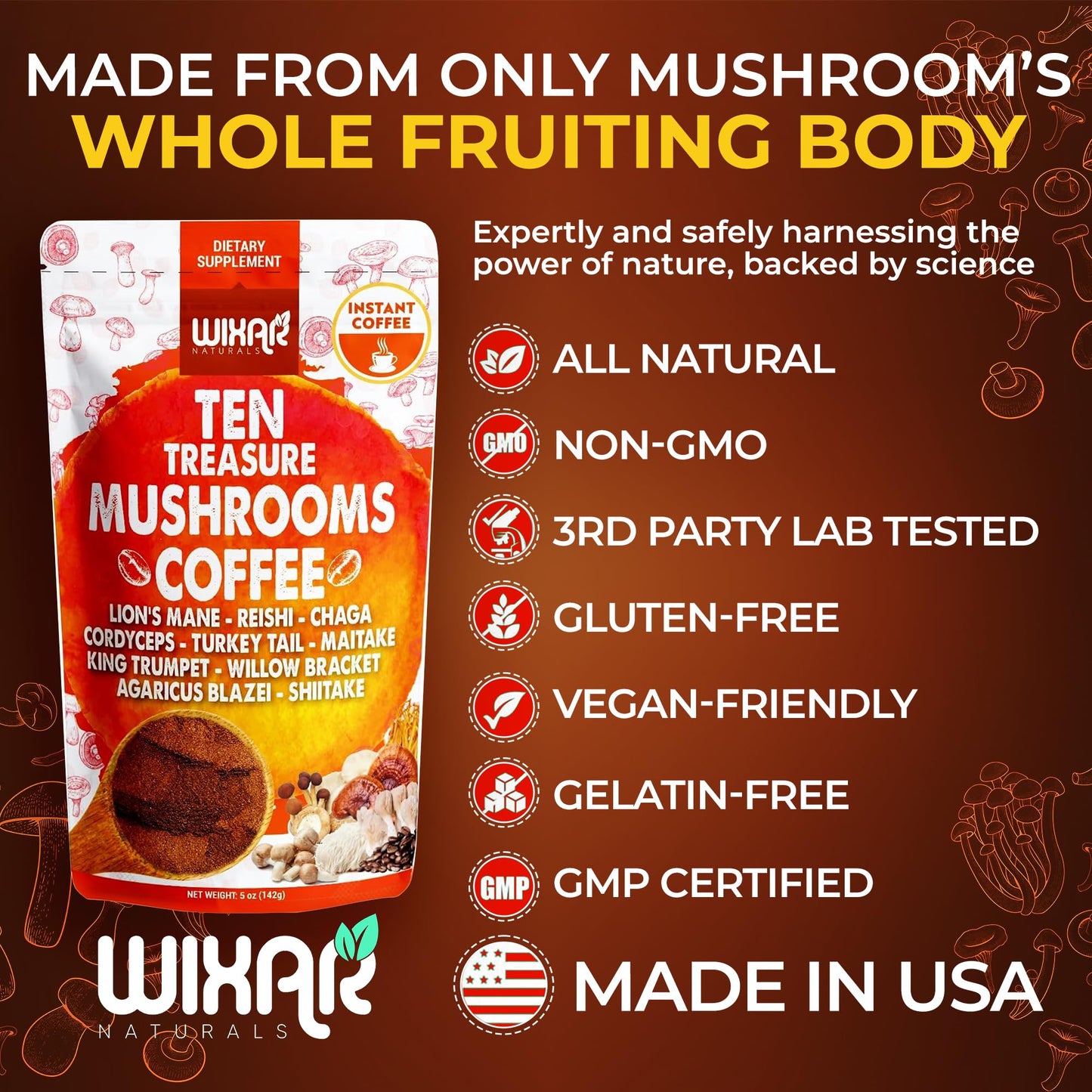 WIXAR NATURALS Mushroom Coffee Blend Powder, Ten Treasure Mushrooms Extract, 5oz