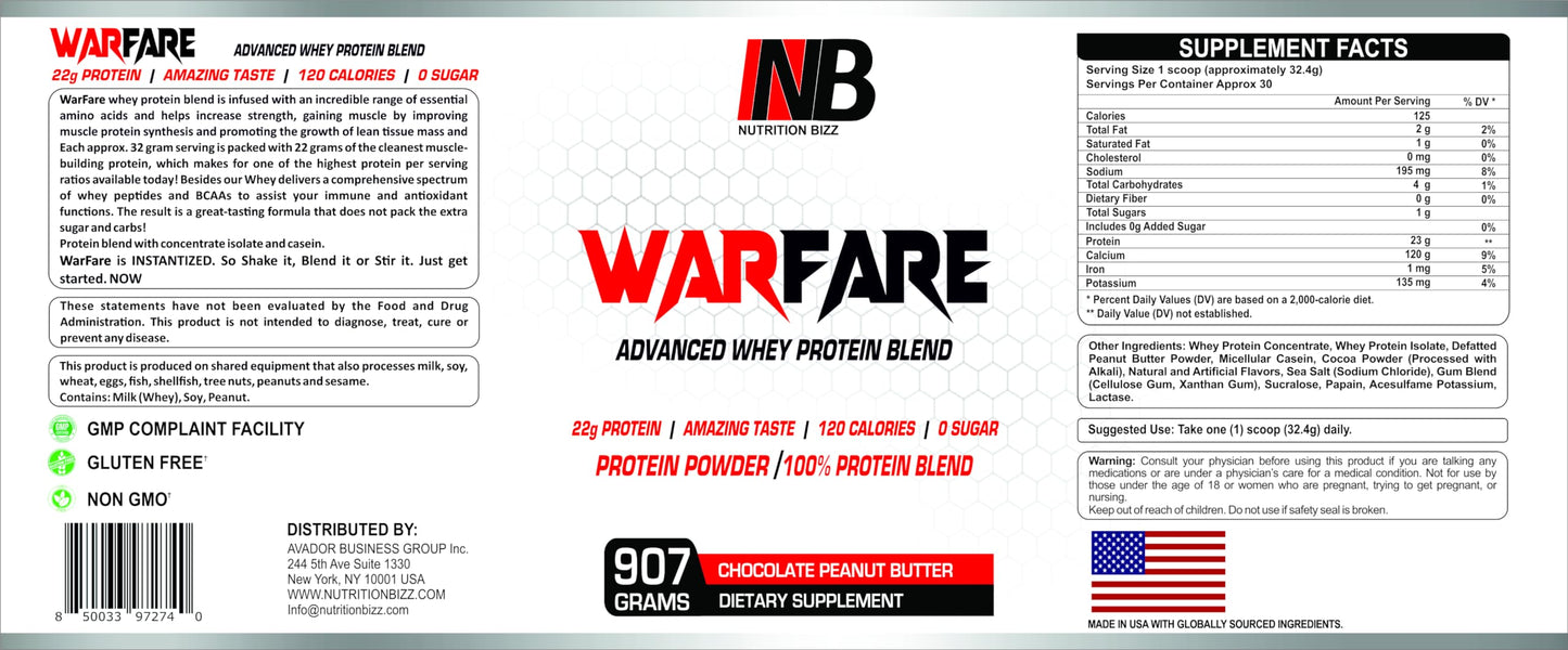 NutritionBizz Warfare 2 lbs Advanced Whey Protein Blend Powder, 32 Servings
