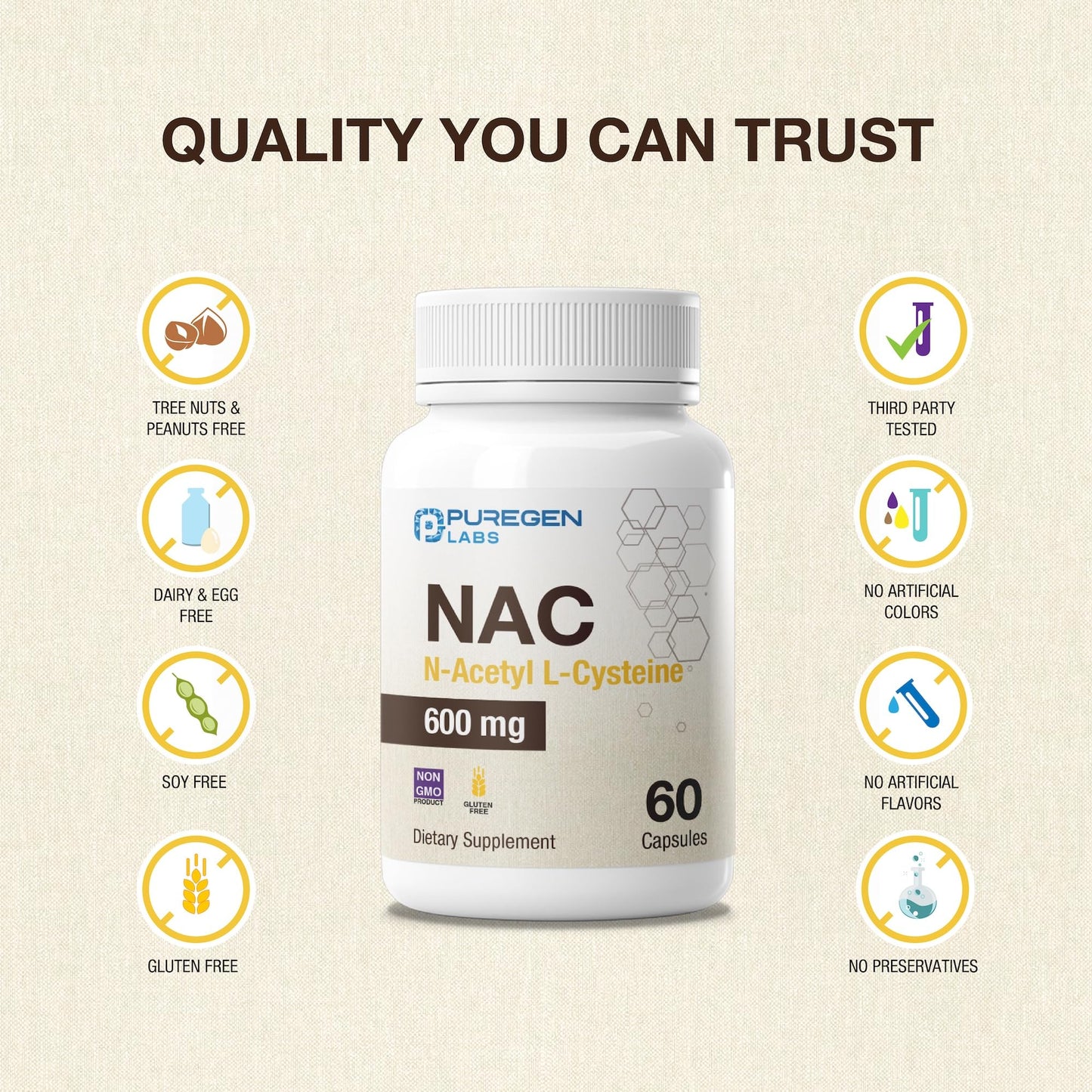 P Puregen Labs N-Acetyl-L-Cysteine (NAC) 600mg, 60 Capsules