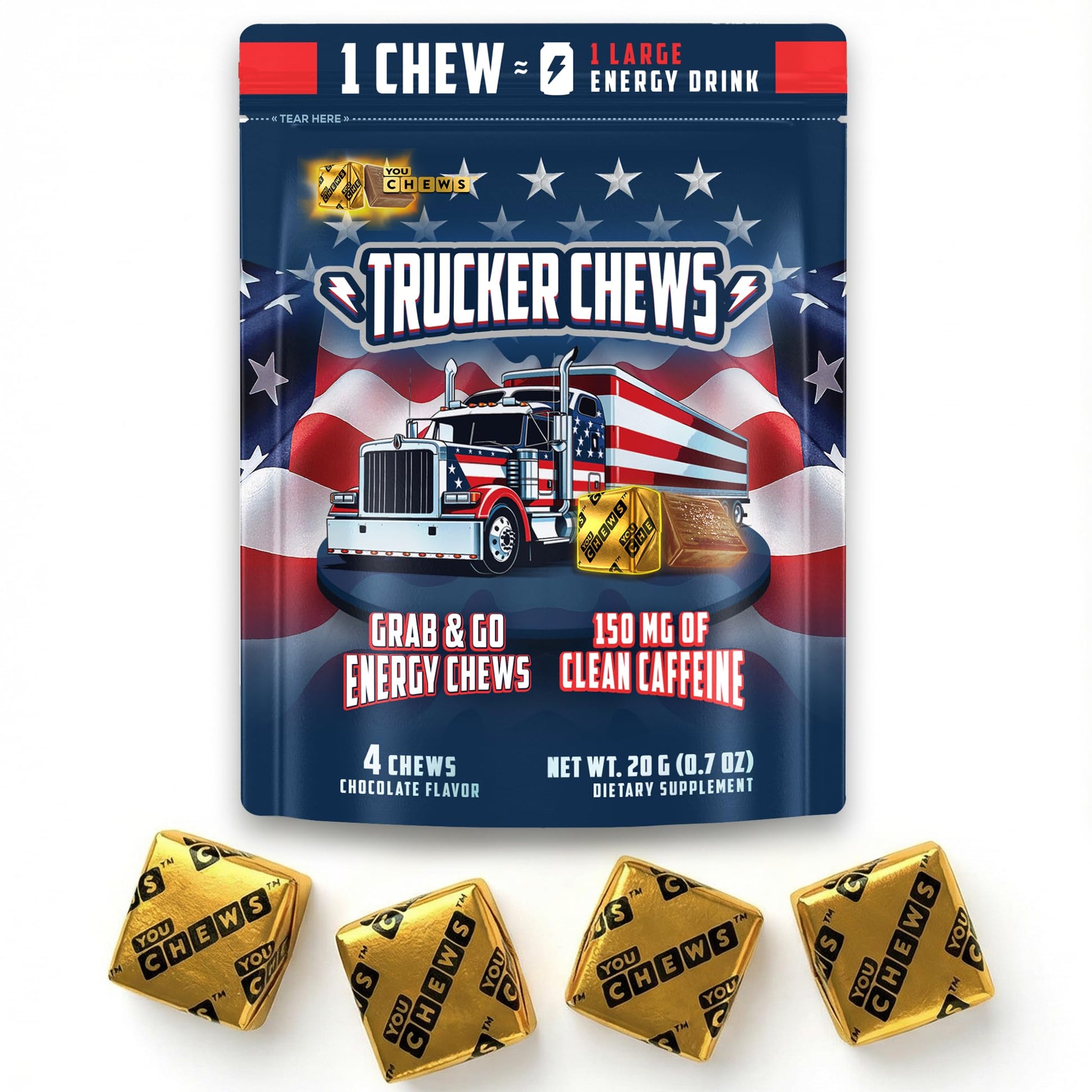 YouChews Trucker Chews Energy Bites 150mg Caffeine Chews, 4 Count