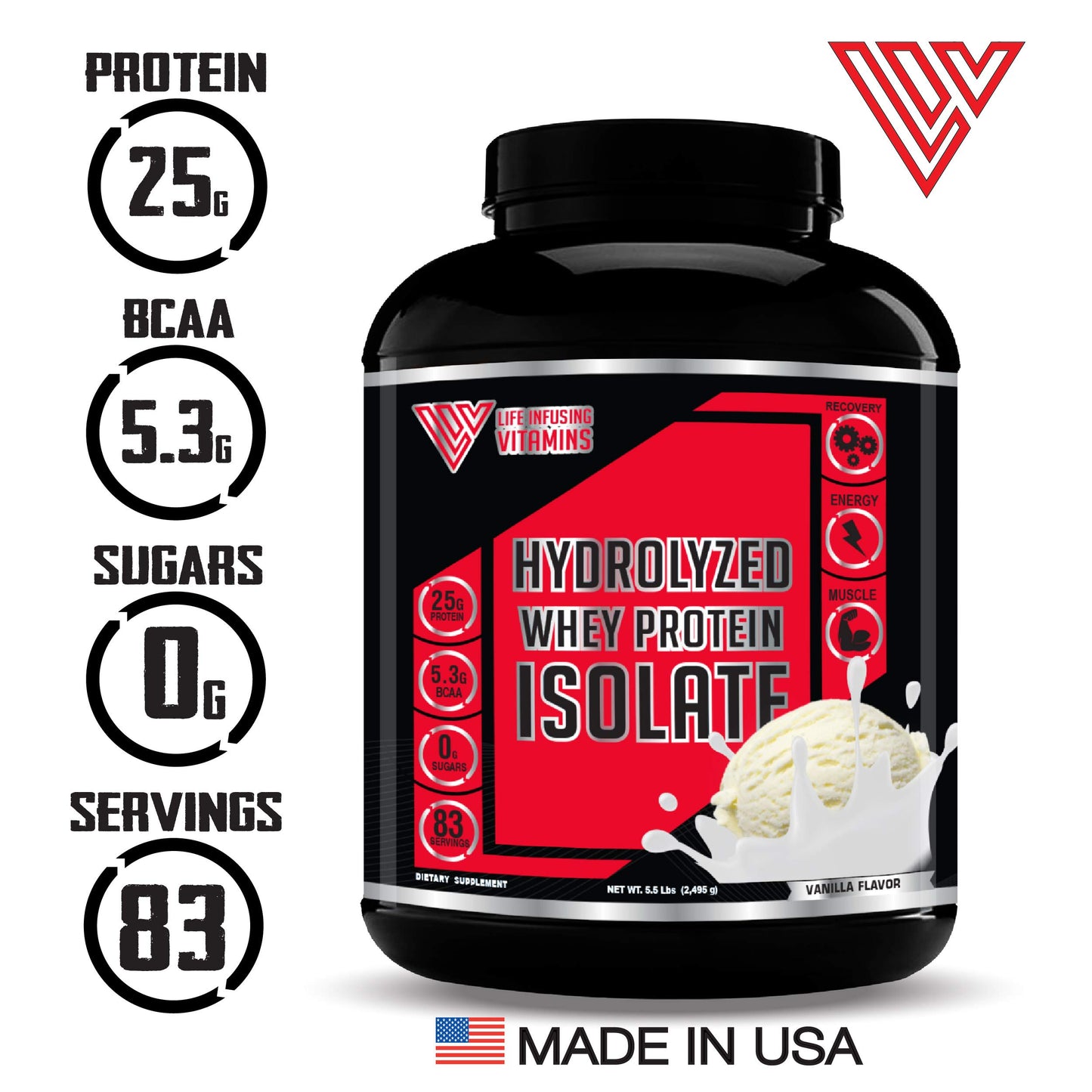 Life Infusing Vitamins (LIV) 100% Grass Fed Hydrolyzed Whey Isolate Protein Powder Vanilla, 88 Servings