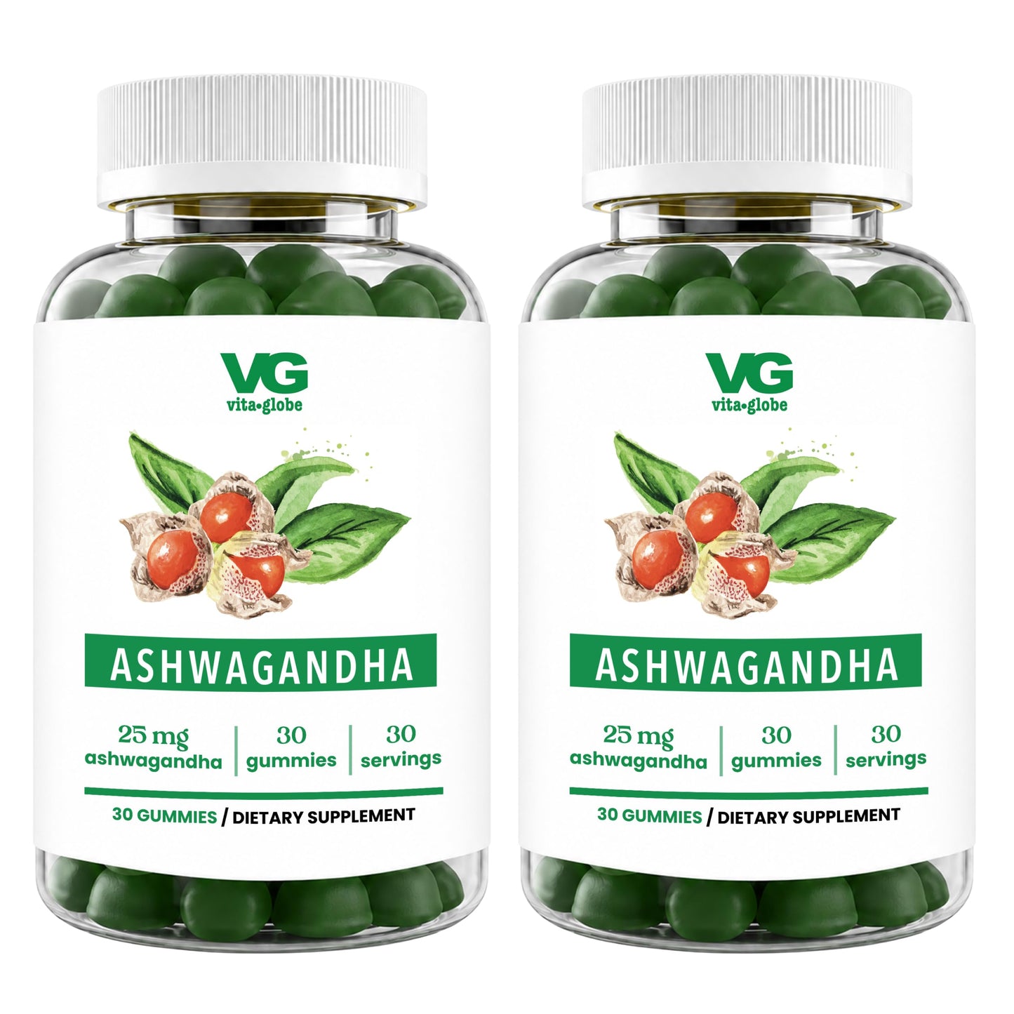 VITA GLOBE Ashwagandha Gummies 25mg for Women & Men, Vitamin D2 & Zinc, 60 Gummies