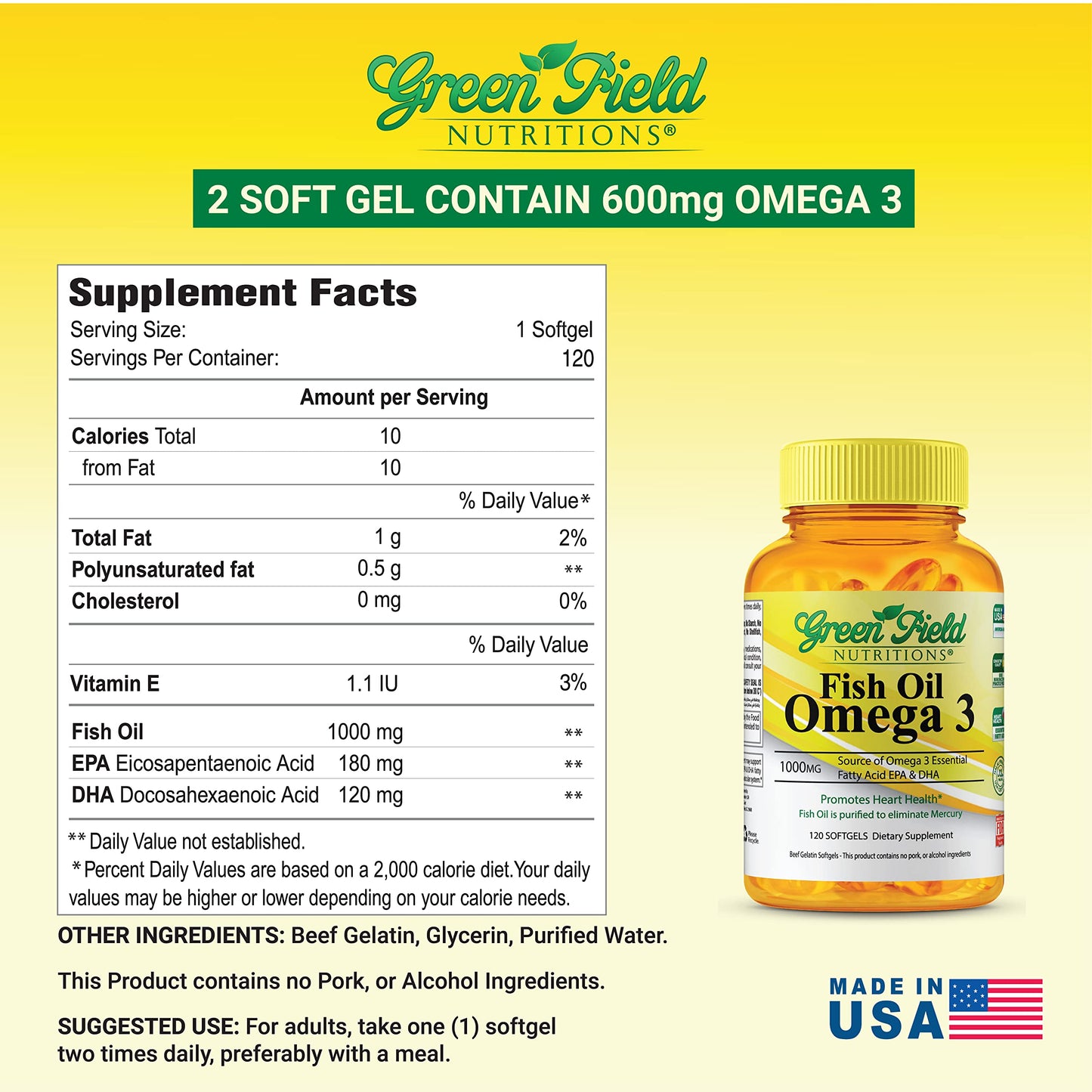 GREEN FIELD NUTRITIONS Halal Fish Oil 1000mg, 300mg Halal Omega 3, Small Wild Peruvian Fish Oil Halal Vitamins, EPA 180 mg & DHA 120 mg Softgels 120