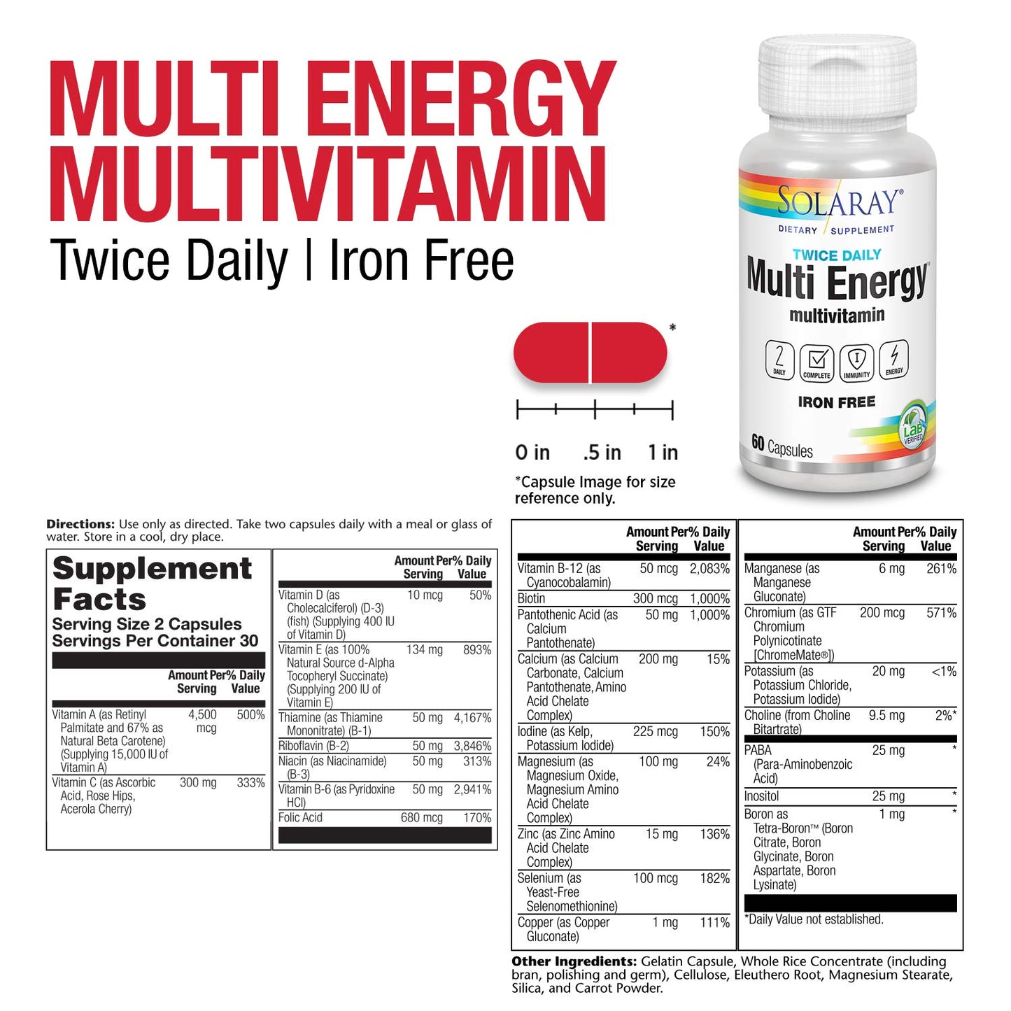 SOLARAY Twice Daily Multi Energy Multivitamin, Iron Free Capsule, 60 Count