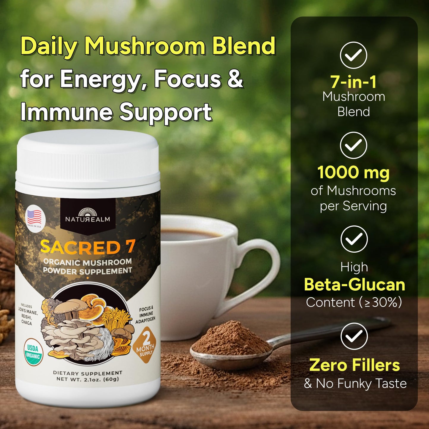 Naturealm Sacred 7 Organic Mushroom Powder Blend, Powder, 2.1 Ounce