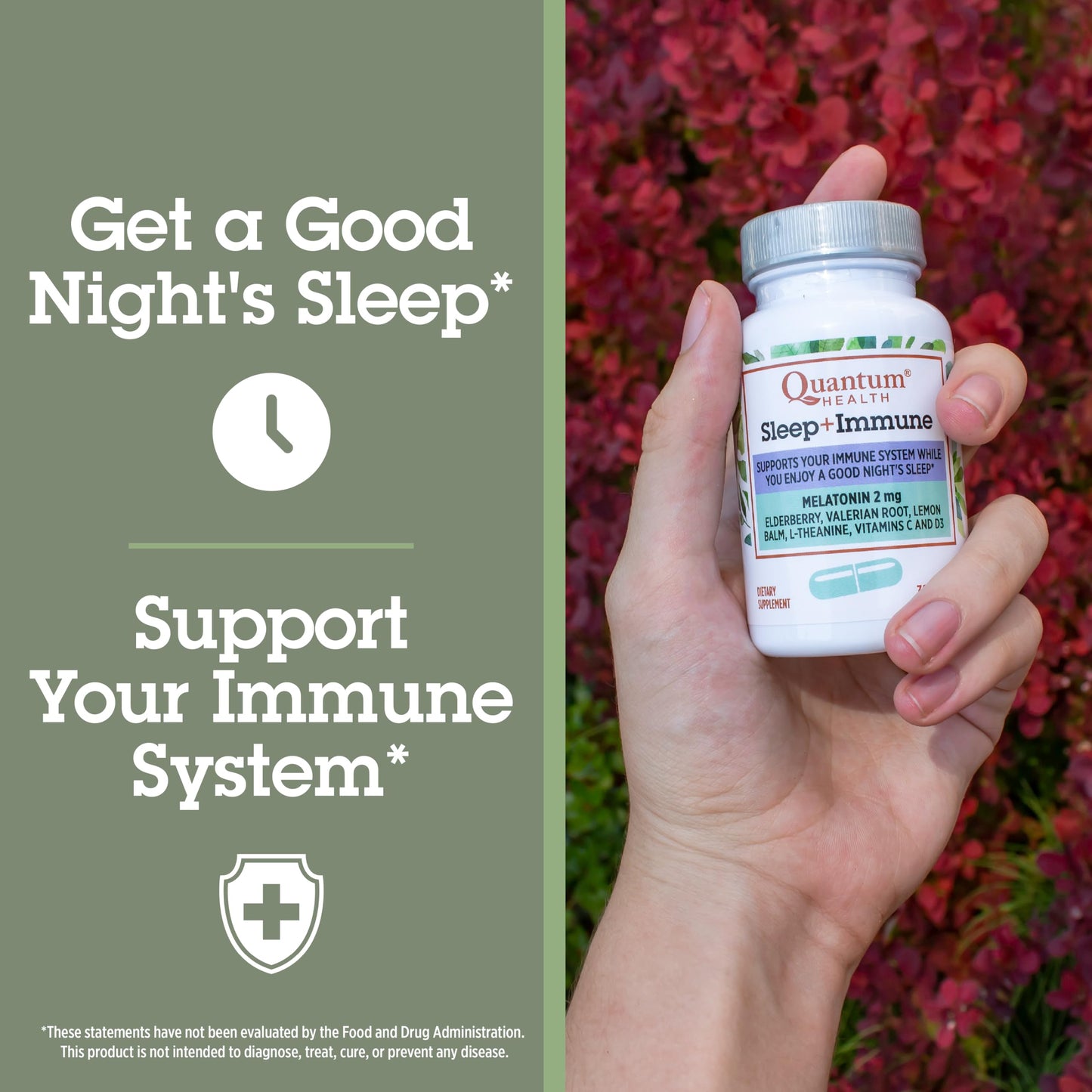 Quantum Sleep Immune Support Supplement Melatonin 2mg L-Theanine & Valerian Root Plus Elderberry Vitamin C & D Immunity Boost Capsules 30 Count