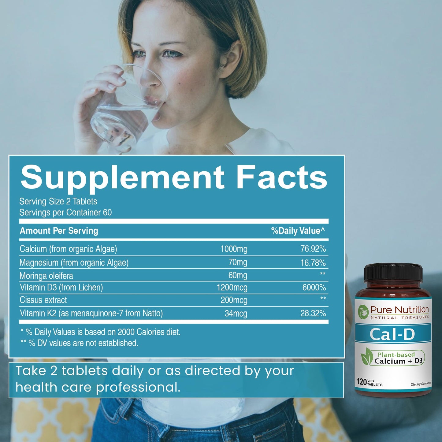 Pure Nutrition Natural Treasures Cal D - Plant Based Calcium with Vitamin D3, K2 & Magnesium, 120 Tablets