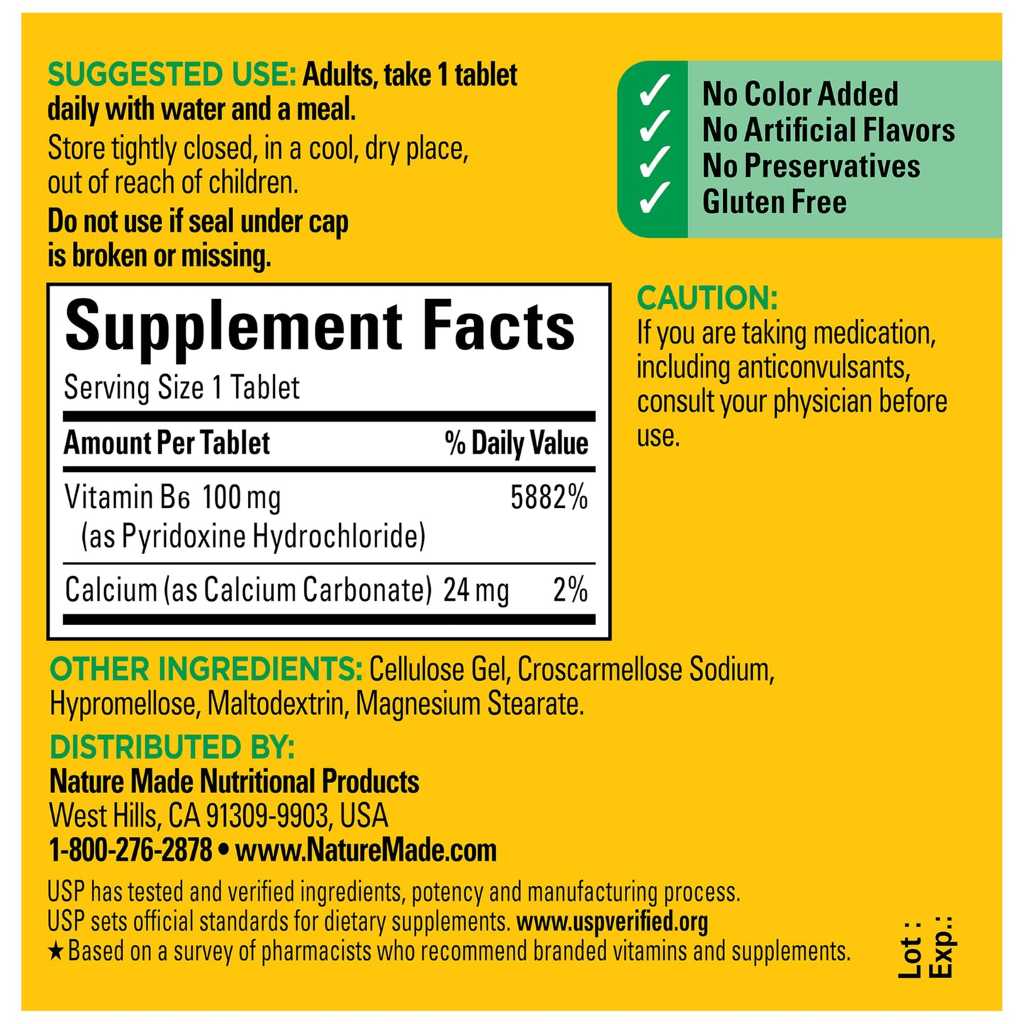 Nature Made Vitamin B6 100mg Tablet, 100 Tablets